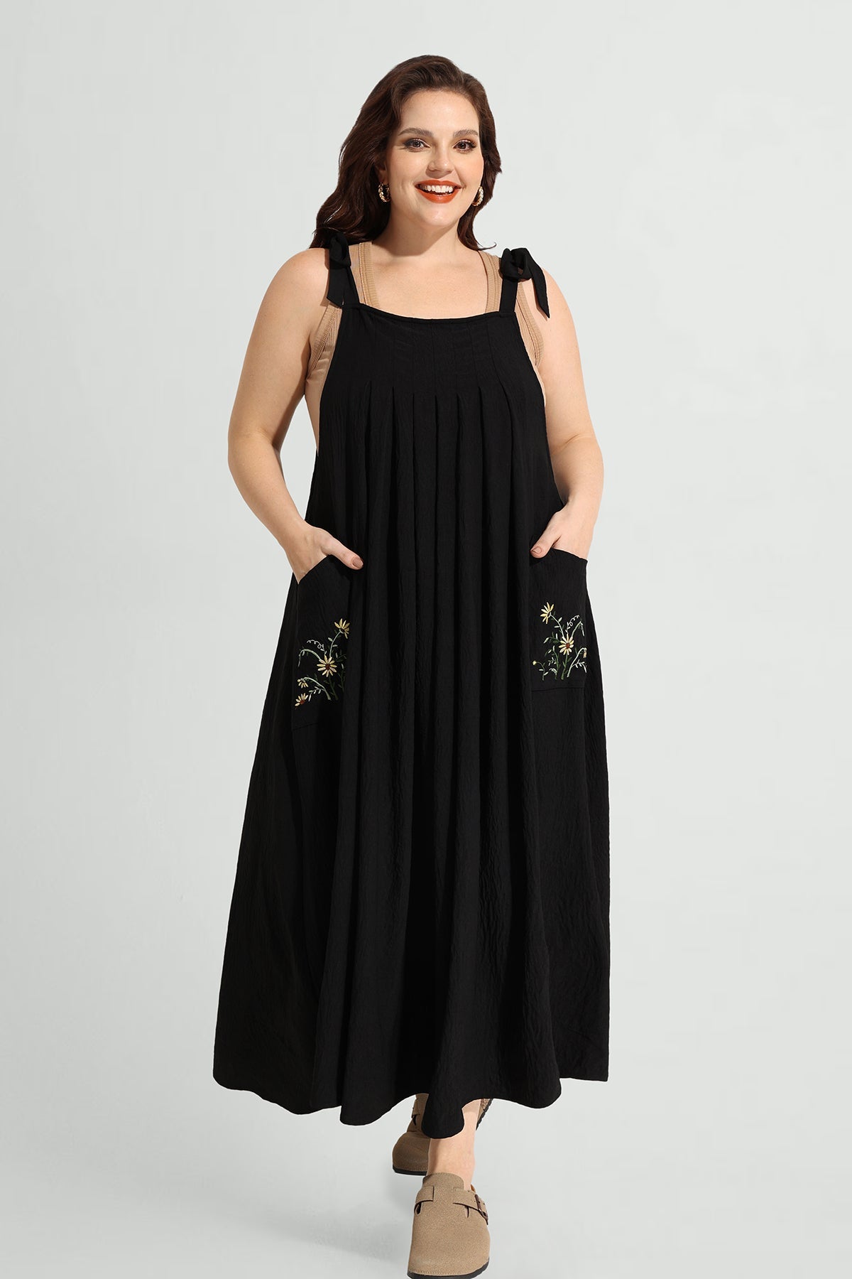 Pocket Floral Adjustable Strap Overall Maxi Dress