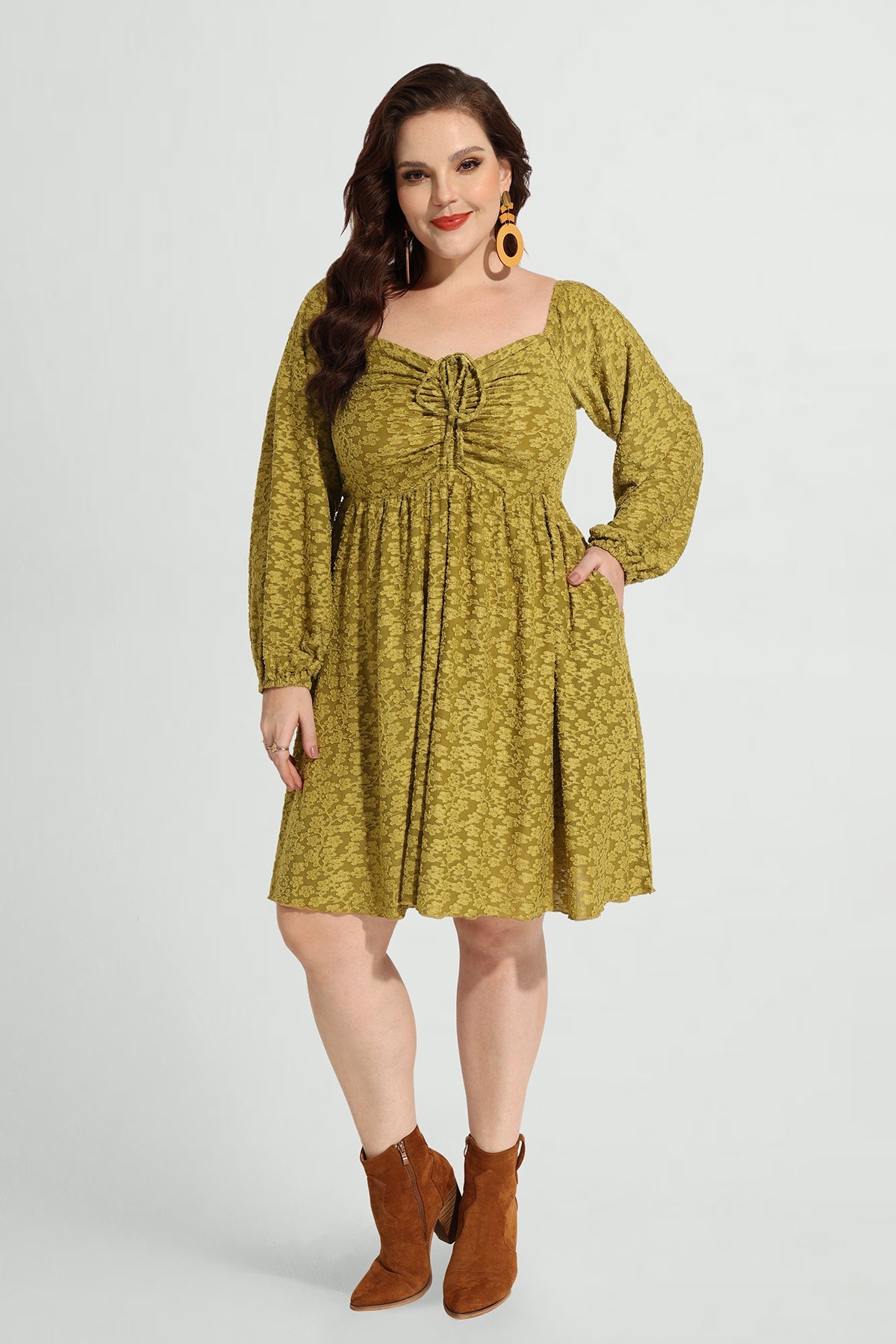 Pocket Floral Print Off-shoulder Drawstring Allover Mini Dress