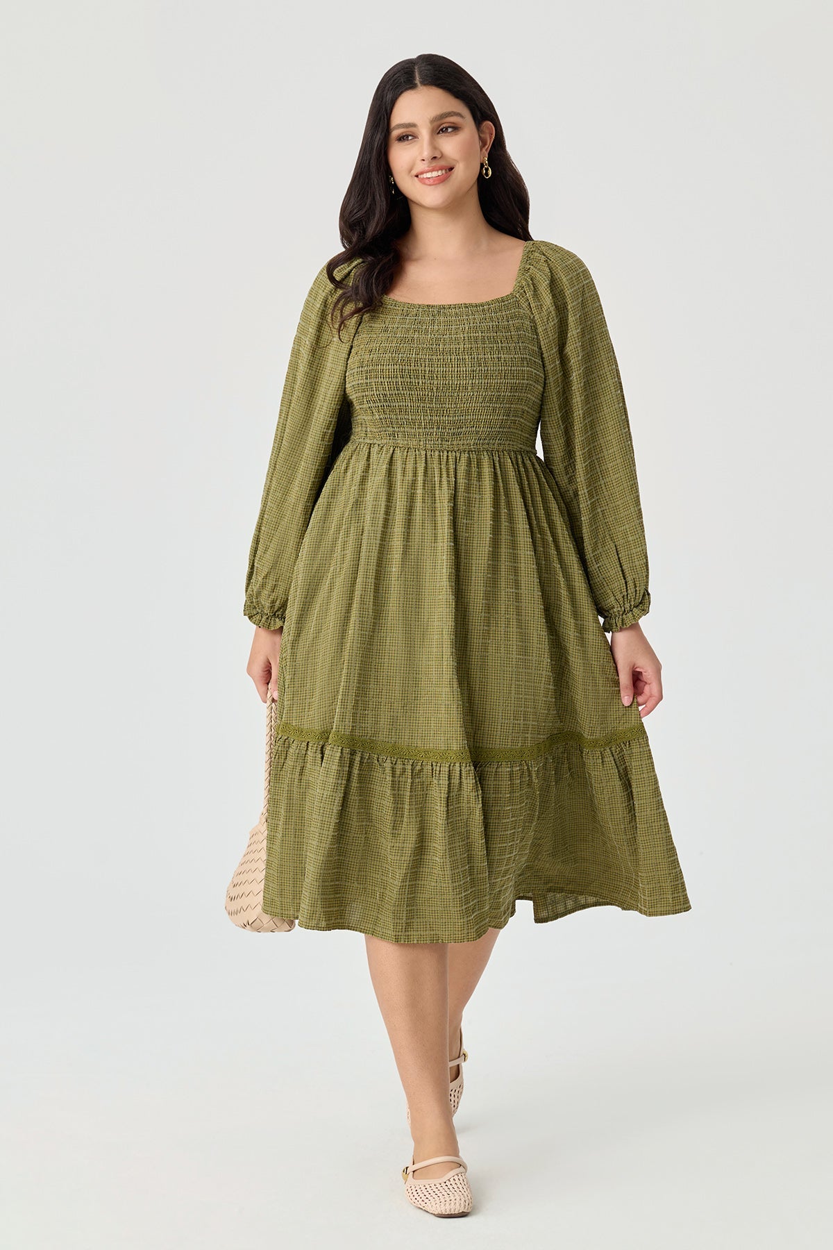 Ritera Pocket Elastic Waist Ruffle Hem Shirred Midi Dress