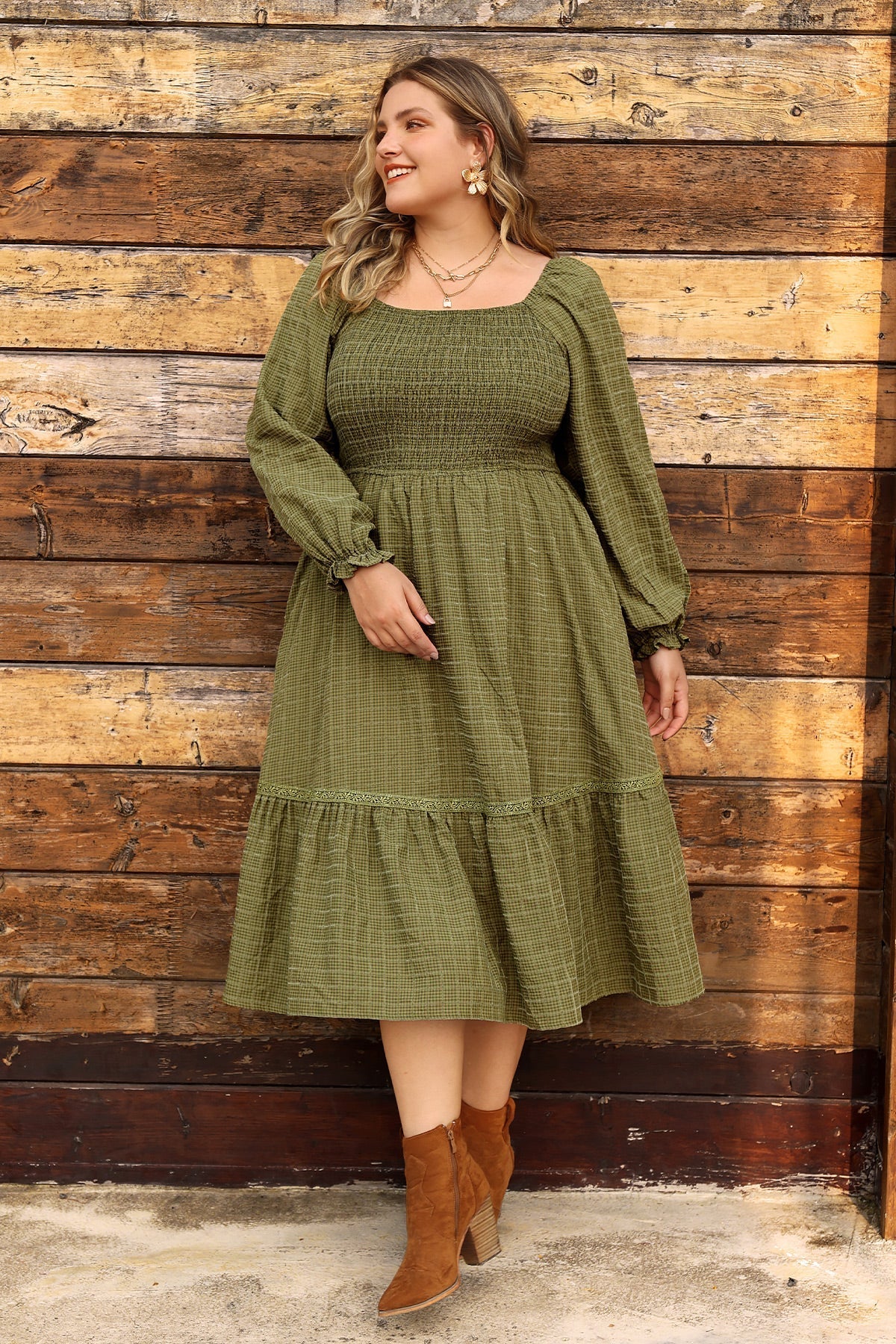 Ritera Pocket Elastic Waist Ruffle Hem Shirred Midi Dress