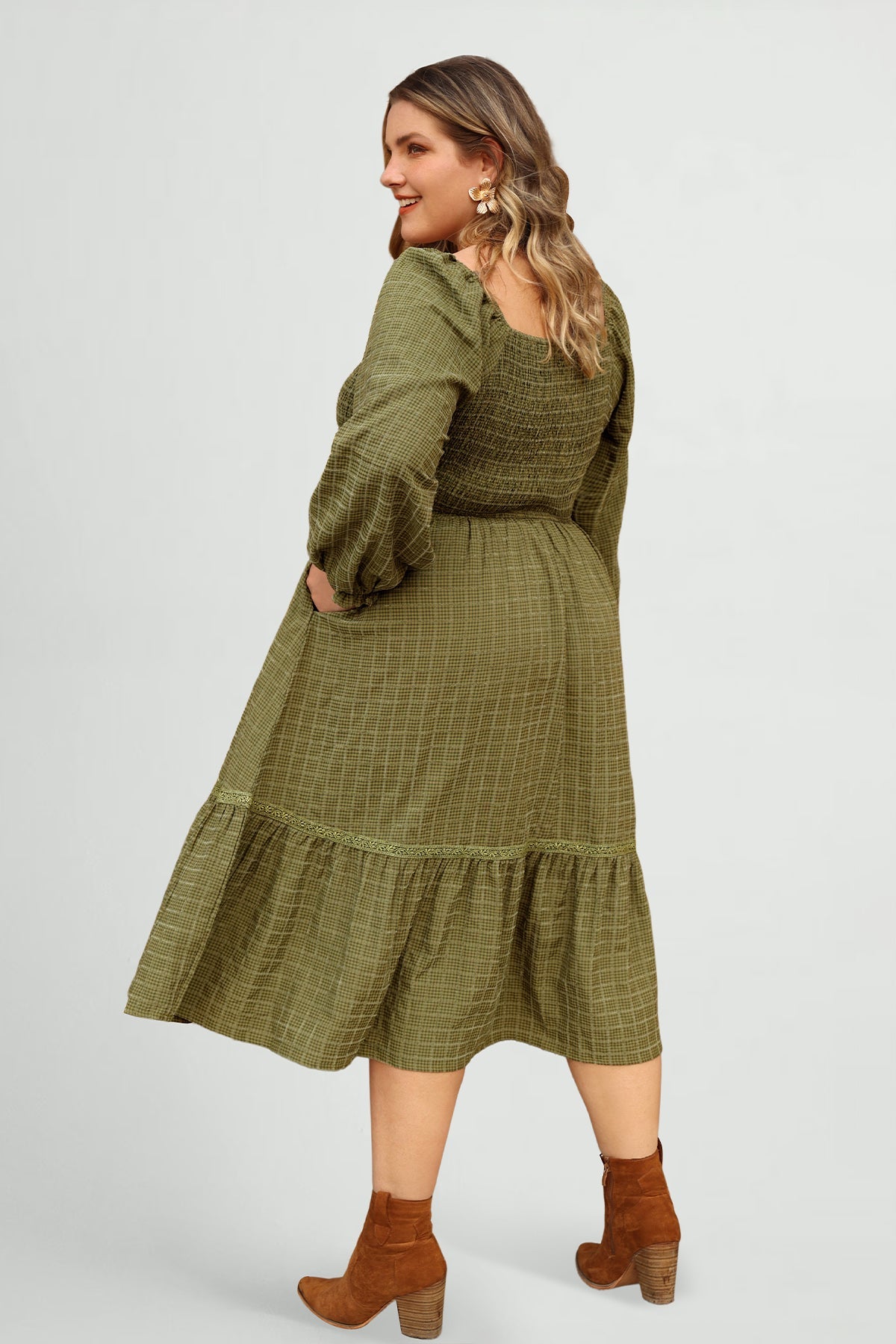 Ritera Pocket Elastic Waist Ruffle Hem Shirred Midi Dress