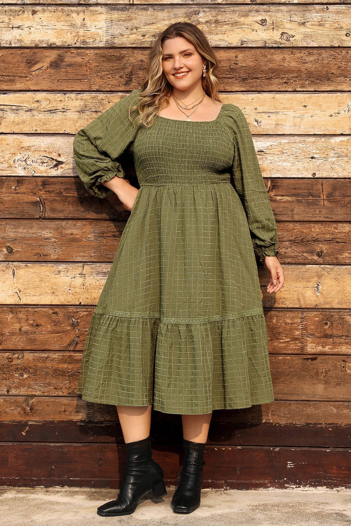 Ritera Pocket Elastic Waist Ruffle Hem Shirred Midi Dress