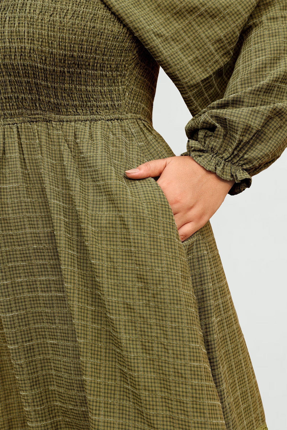 Ritera Pocket Elastic Waist Ruffle Hem Shirred Midi Dress