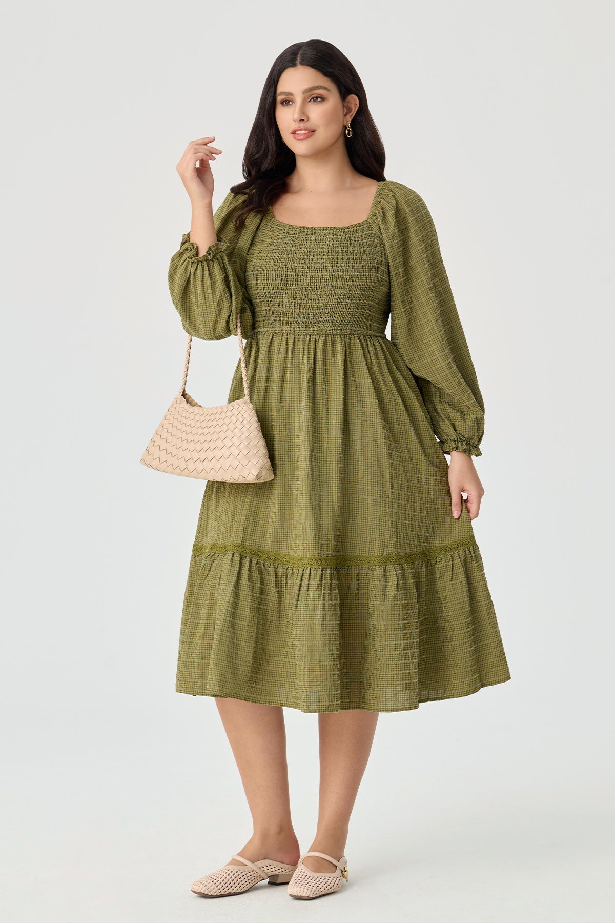 Ritera Pocket Elastic Waist Ruffle Hem Shirred Midi Dress