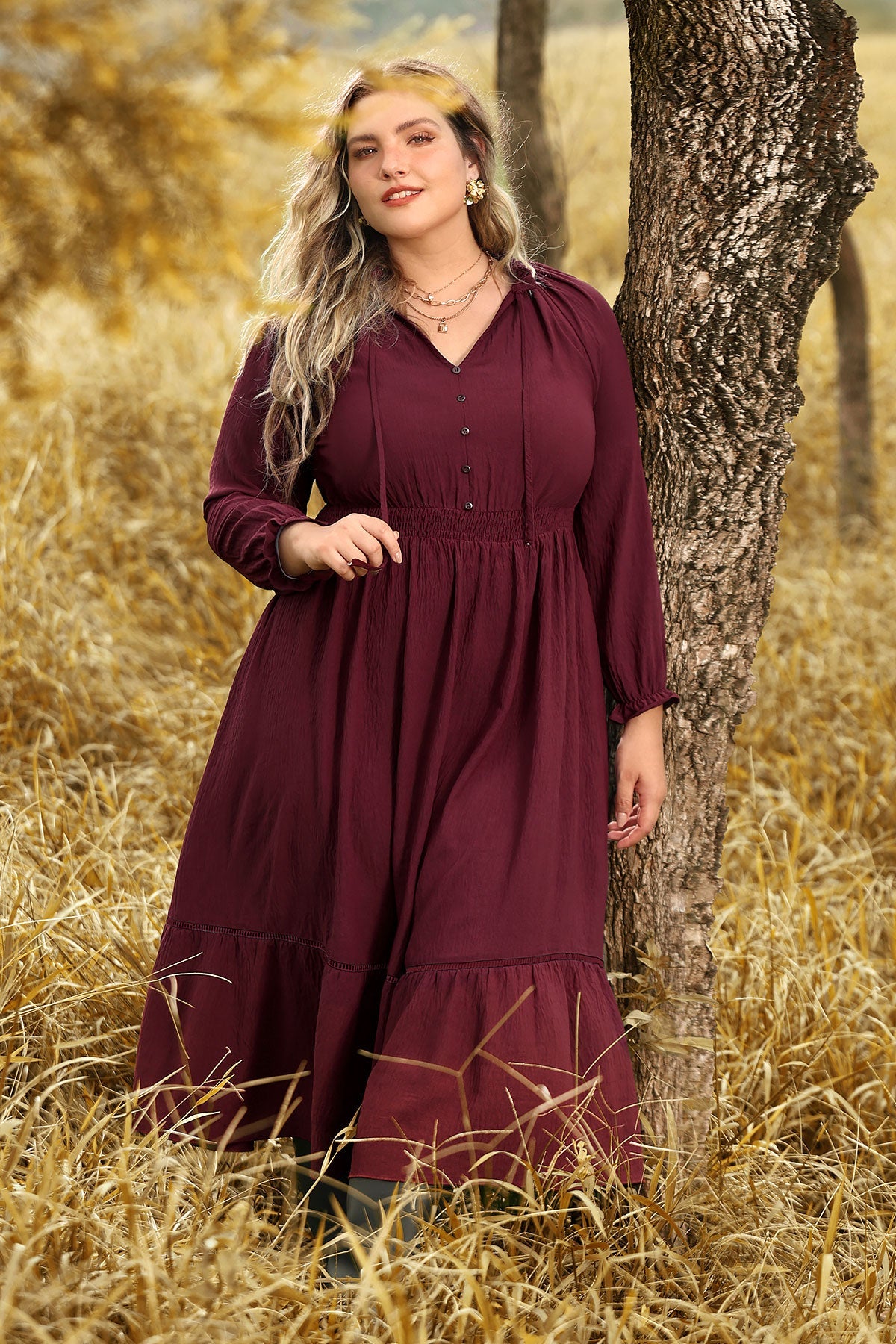 Ritera Pocket Elastic Waist Pleated Ruffle Hem Maxi Dress