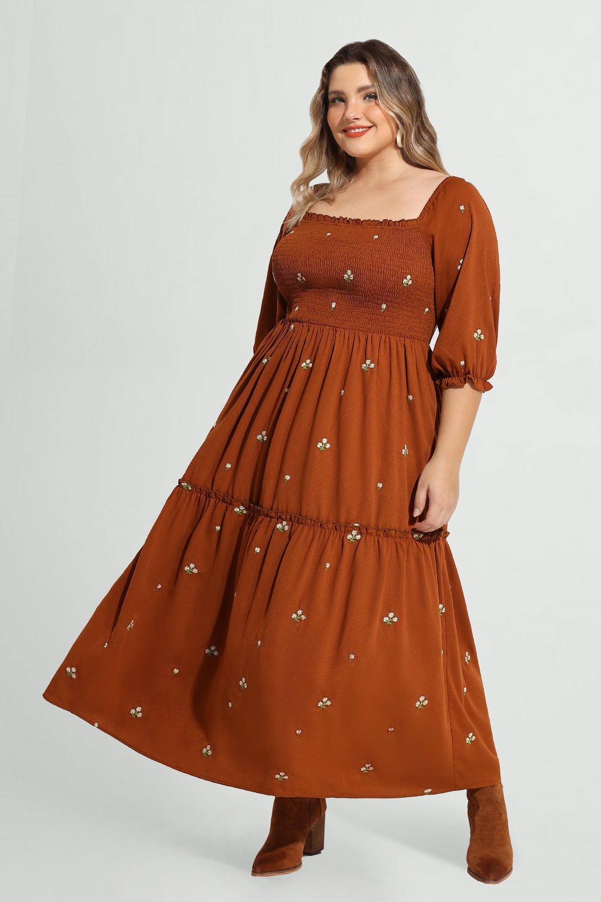 Floral Elastic Waist Square Neck Shirred Pockets Maxi Dress