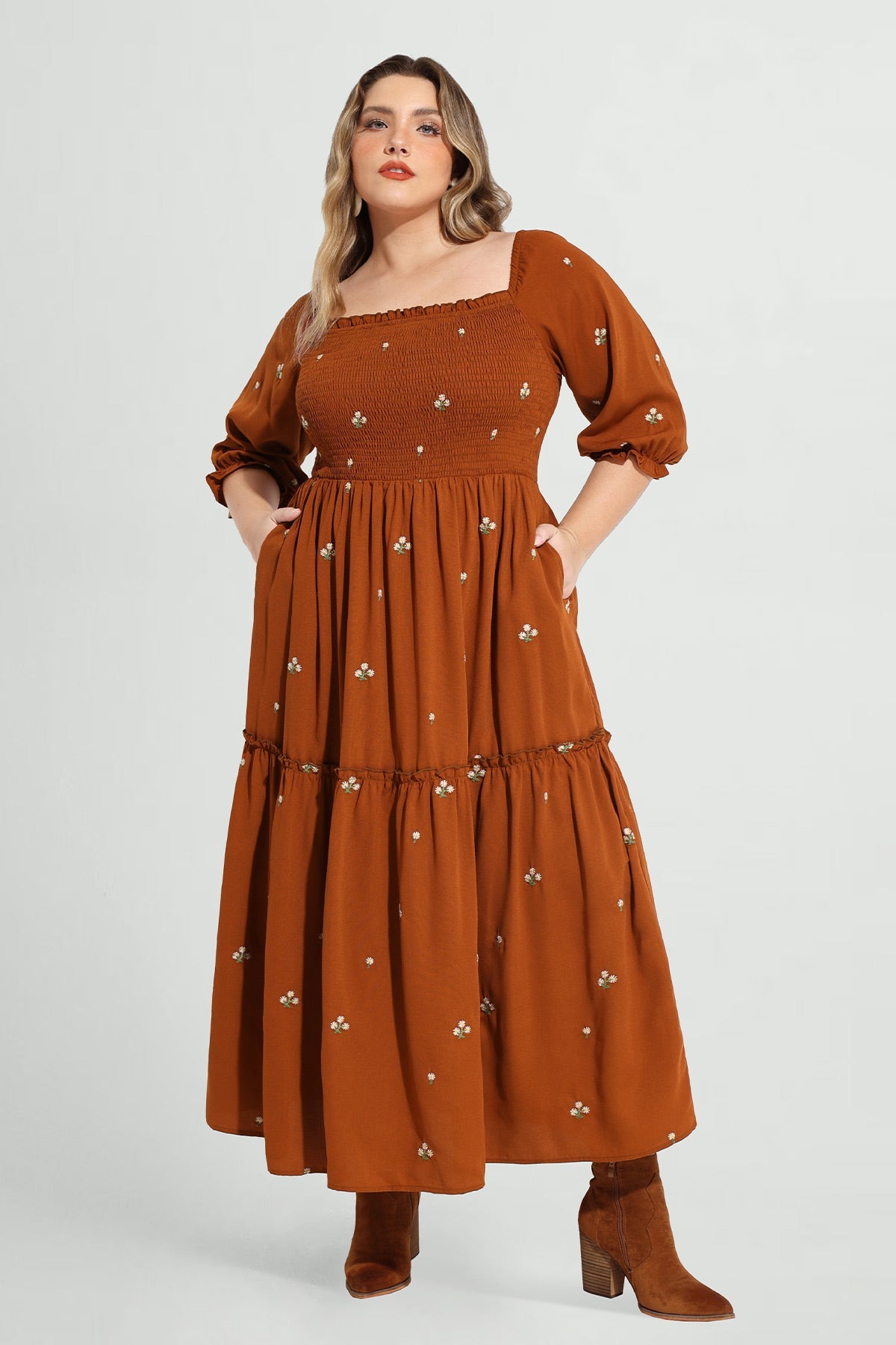 Floral Elastic Waist Square Neck Shirred Pockets Maxi Dress