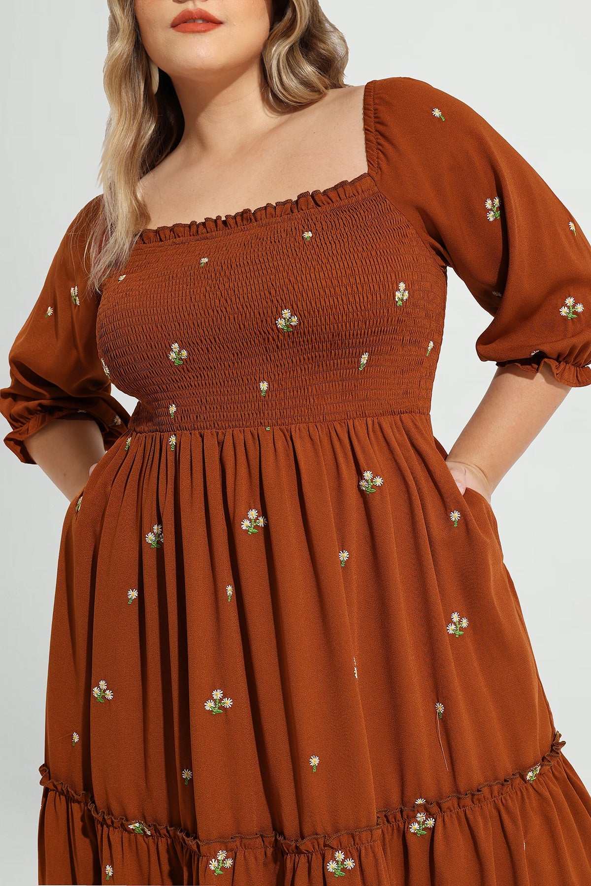 Floral Elastic Waist Square Neck Shirred Pockets Maxi Dress