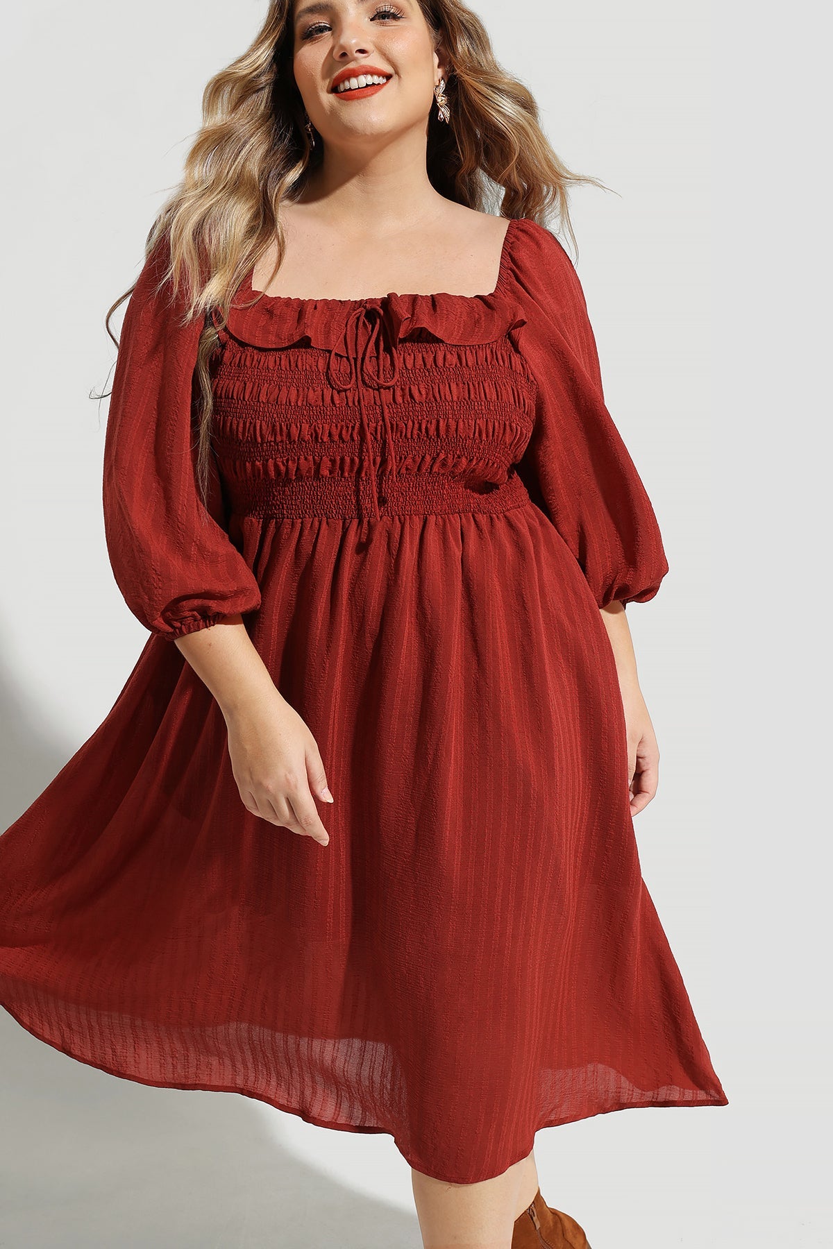 Pocket Drawstring Quarter Lanturn Sleeves Shirred Midi Dress