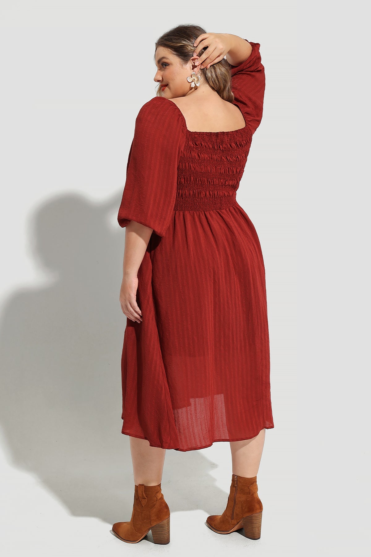 Pocket Drawstring Quarter Lanturn Sleeves Shirred Midi Dress