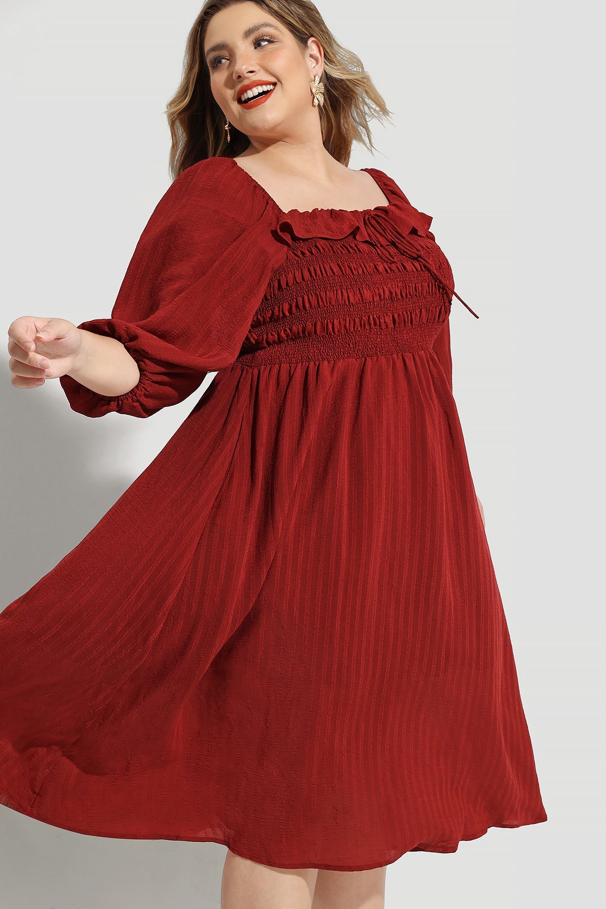 Pocket Drawstring Quarter Lanturn Sleeves Shirred Midi Dress