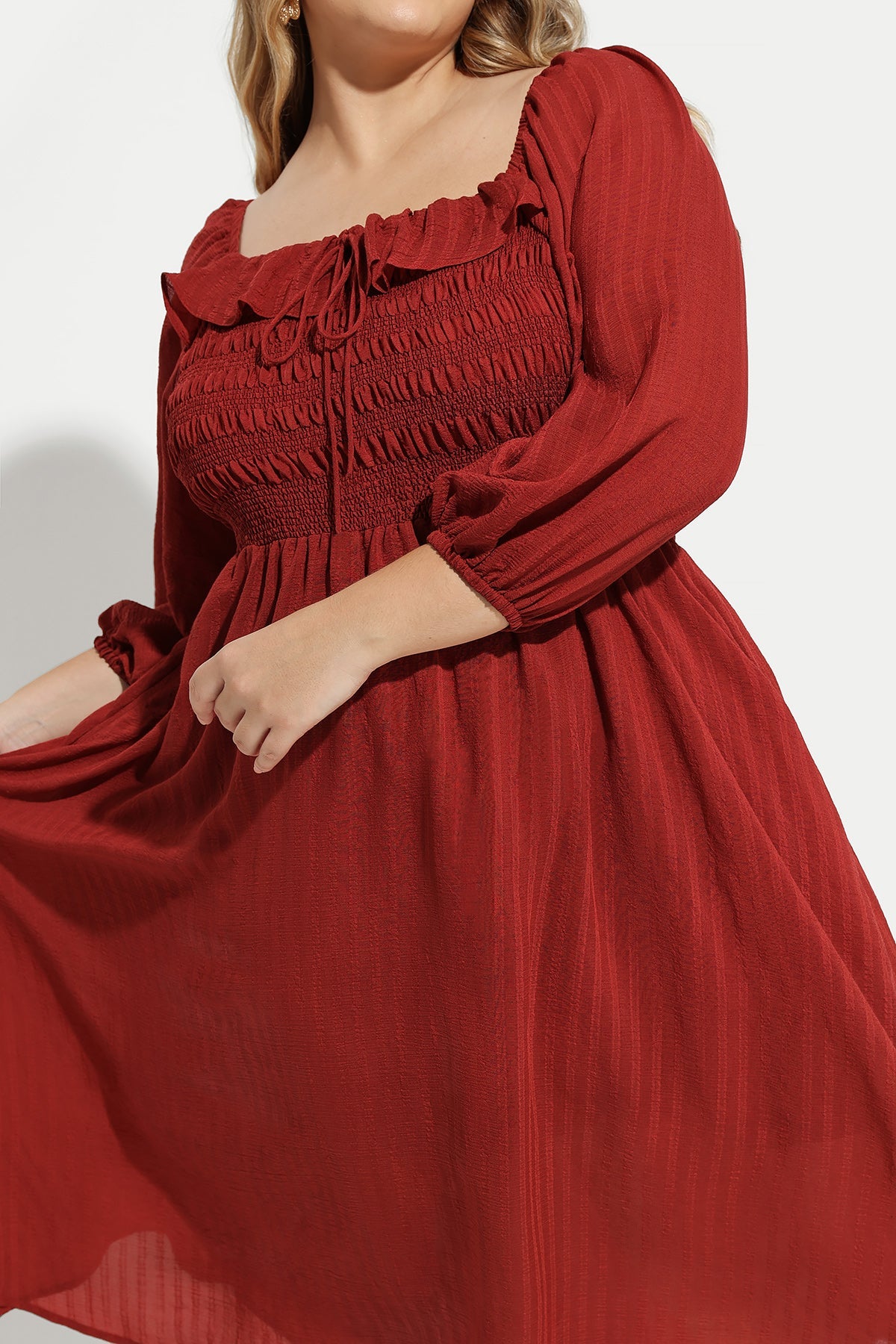 Pocket Drawstring Quarter Lanturn Sleeves Shirred Midi Dress