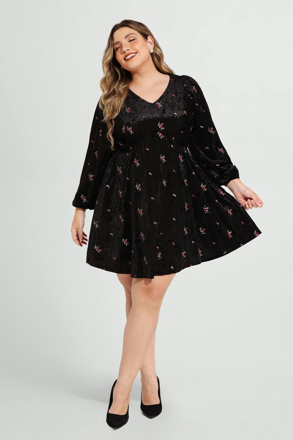 Pocket Velvet Floral Print Lantern Sleeve Mini Dress