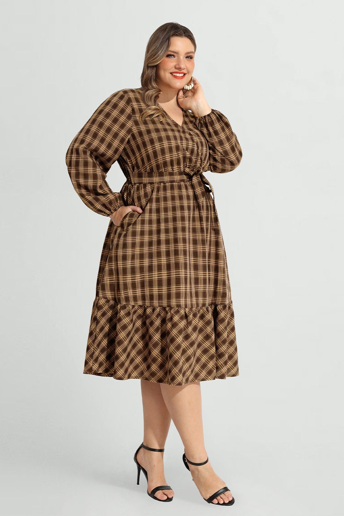 Ritera Pocket Plaid Lace-up Ruffle Hem Midi Dress