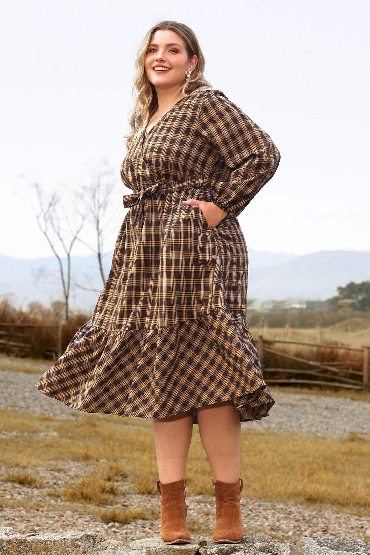 Ritera Pocket Plaid Lace-up Ruffle Hem Midi Dress