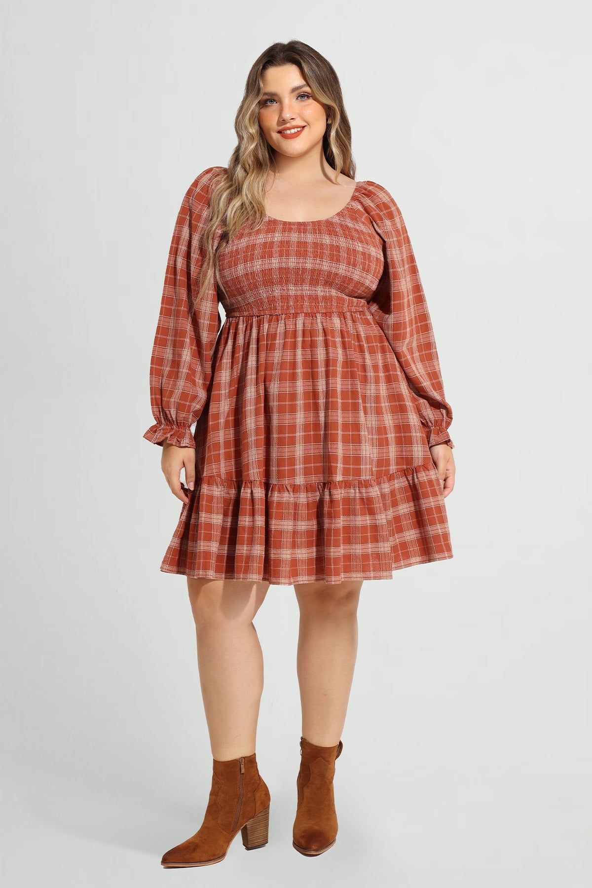 Plaid Patchwork Elastic Waist A-line Mini Dress