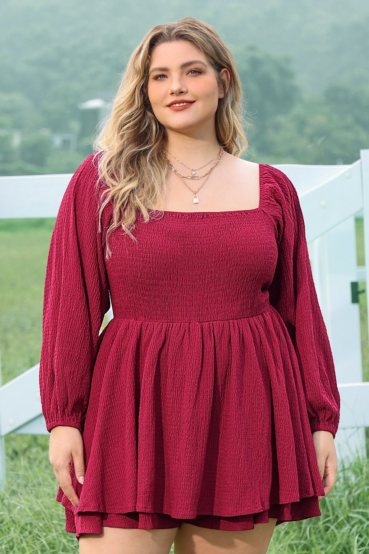 Supersoft Plain Lantern Sleeve Shirred Mini Dress with Shorts