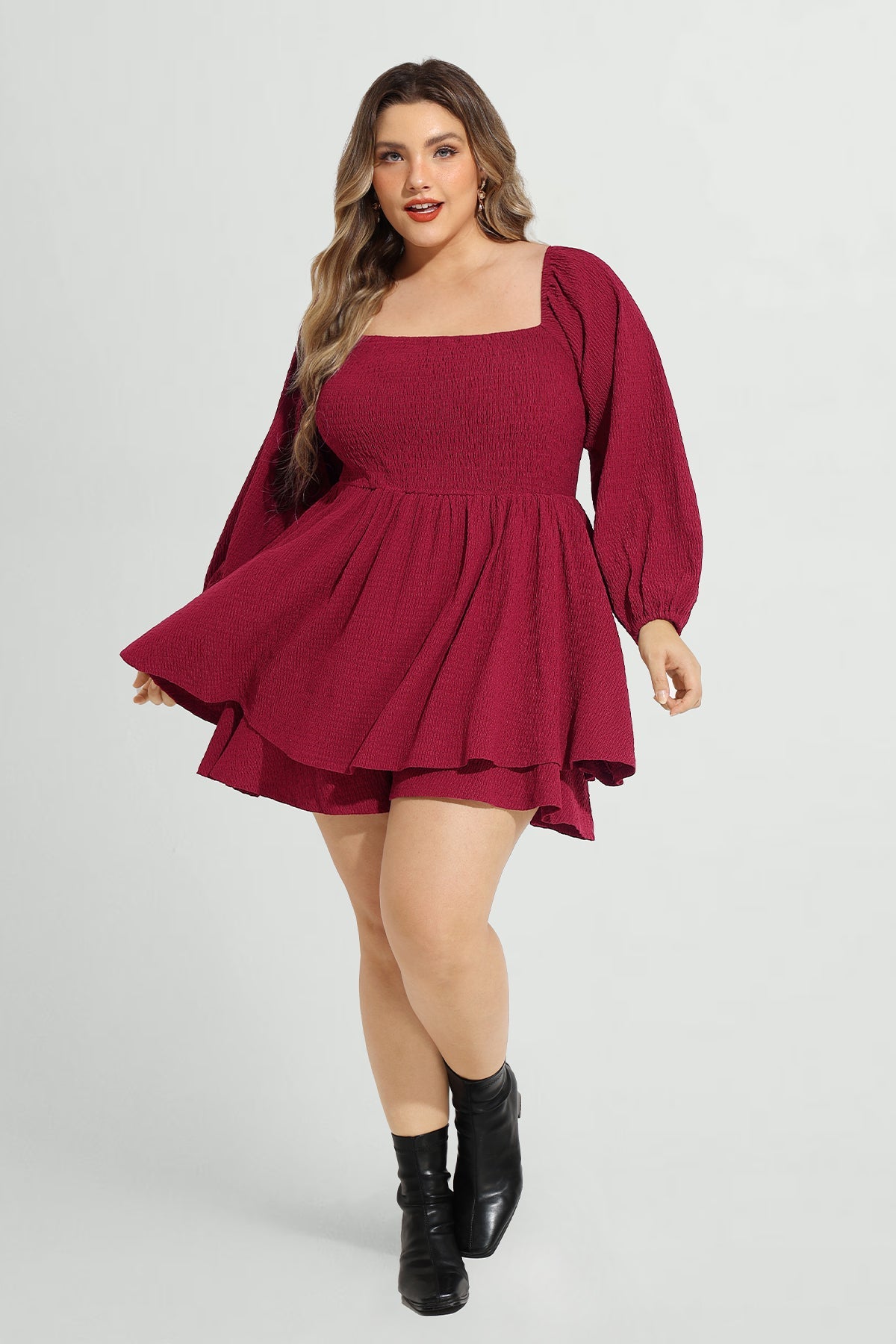 Supersoft Plain Lantern Sleeve Shirred Mini Dress with Shorts