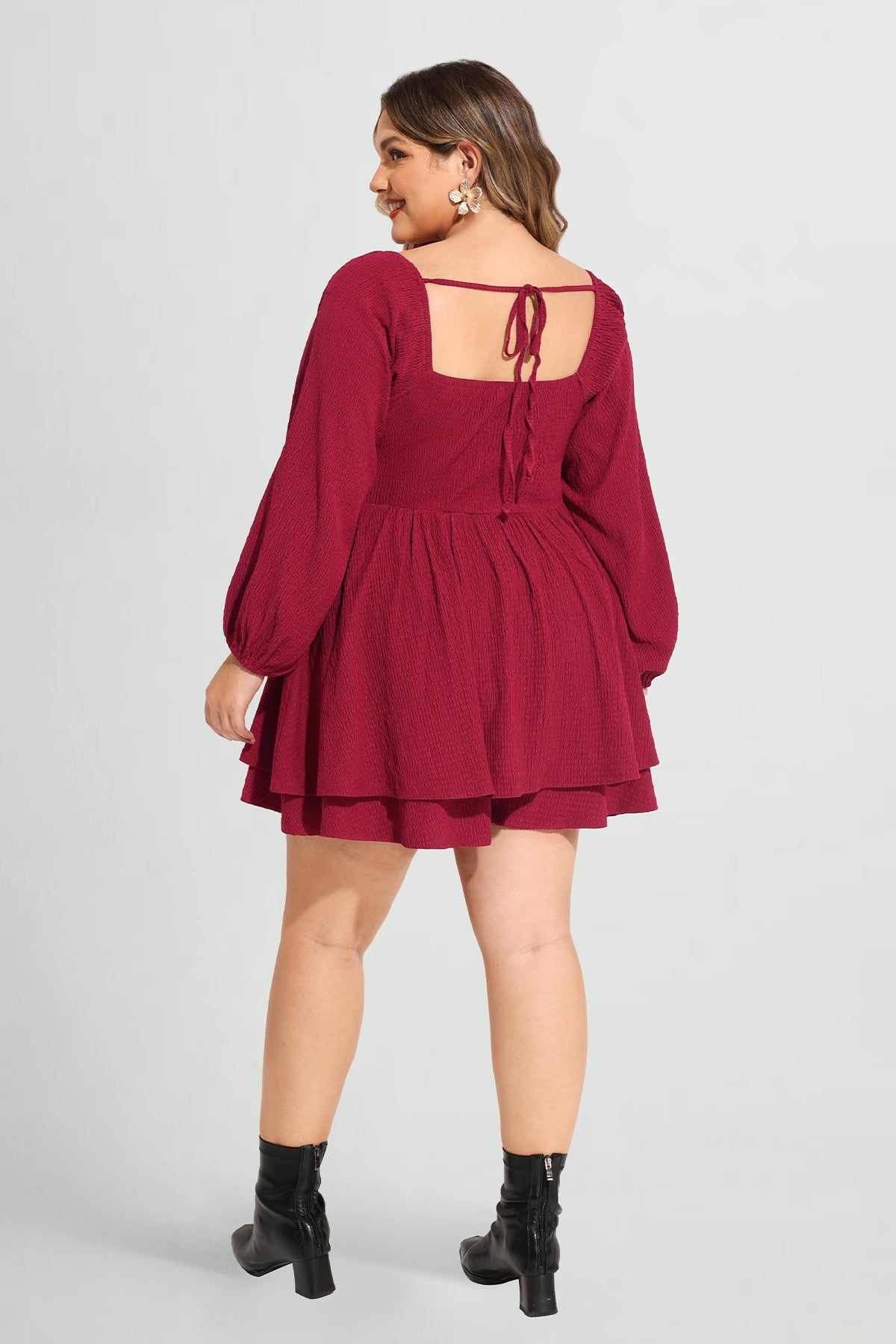 Supersoft Plain Lantern Sleeve Shirred Mini Dress with Shorts