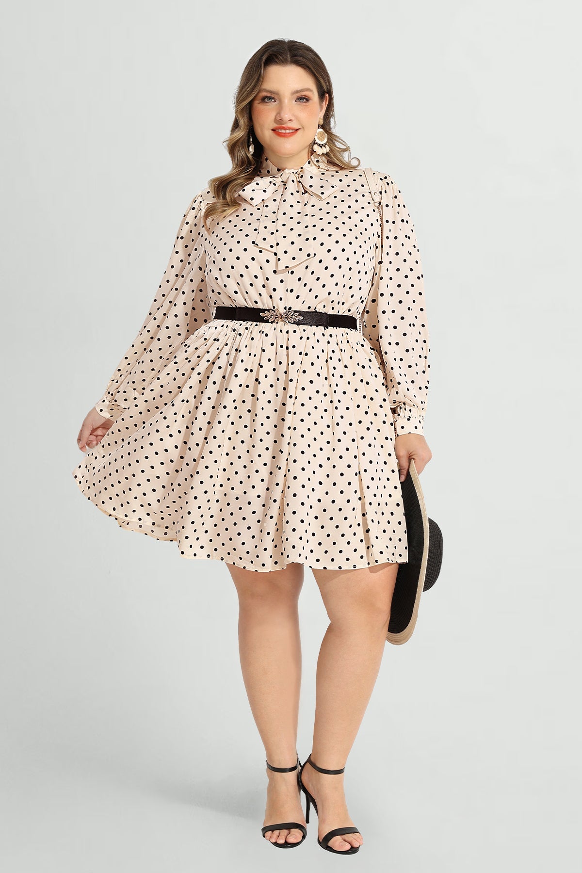 Polka Dot Lantern Sleeve Bow Collar Dress