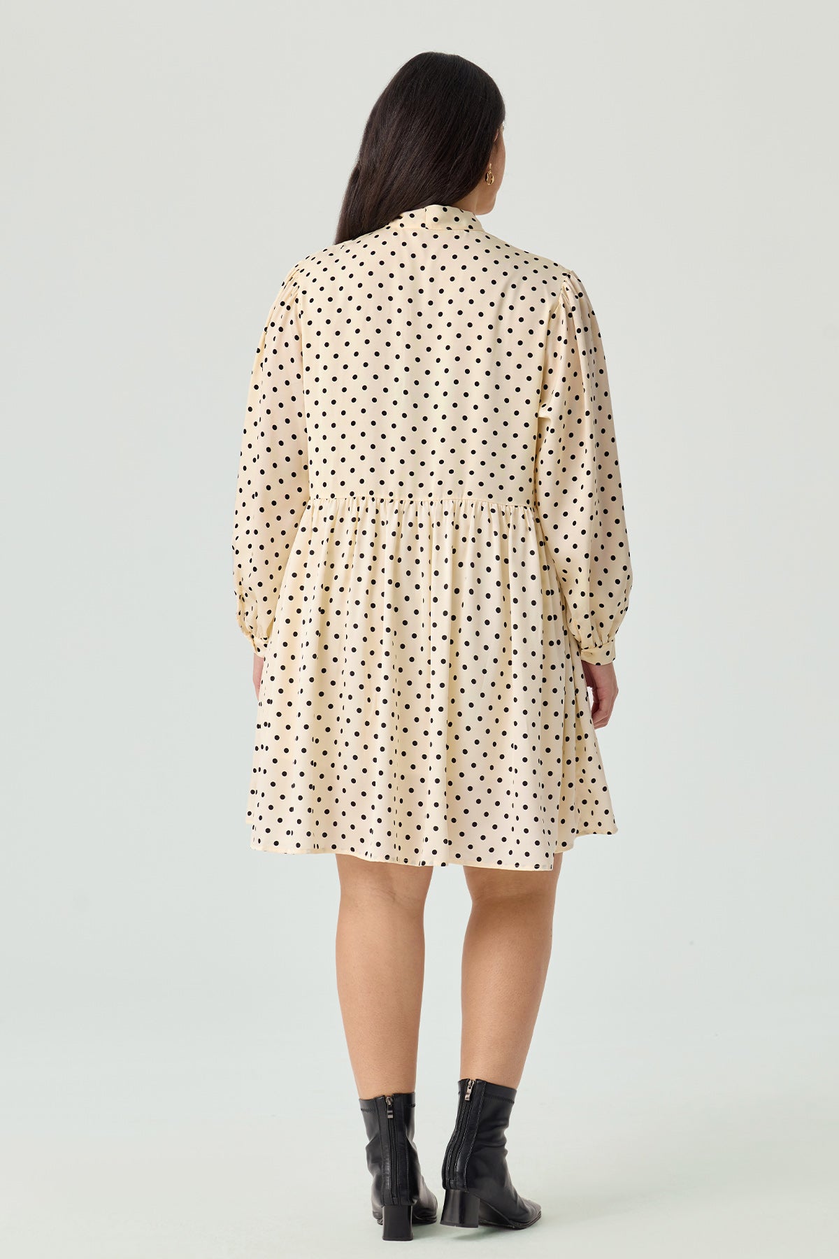 Polka Dot Lantern Sleeve Bow Collar Dress