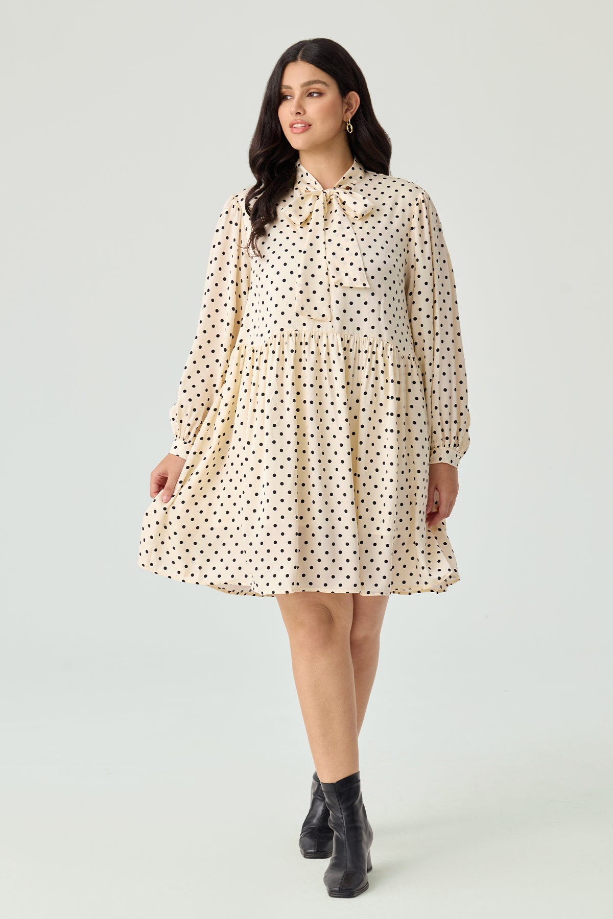 Polka Dot Lantern Sleeve Bow Collar Dress