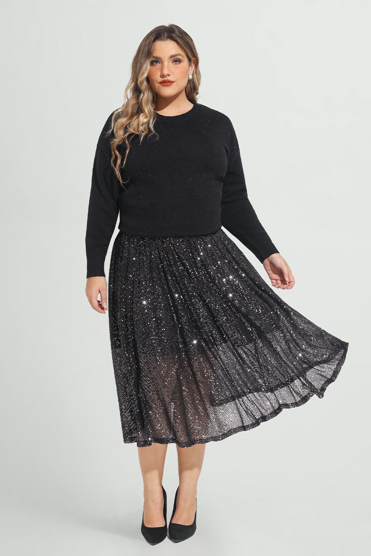 Sequin Glitter Mesh Hollow Out Flowy Skirt