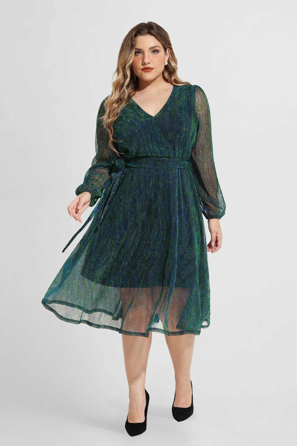 Sequin Mesh Surplice Neckline Midi Dress