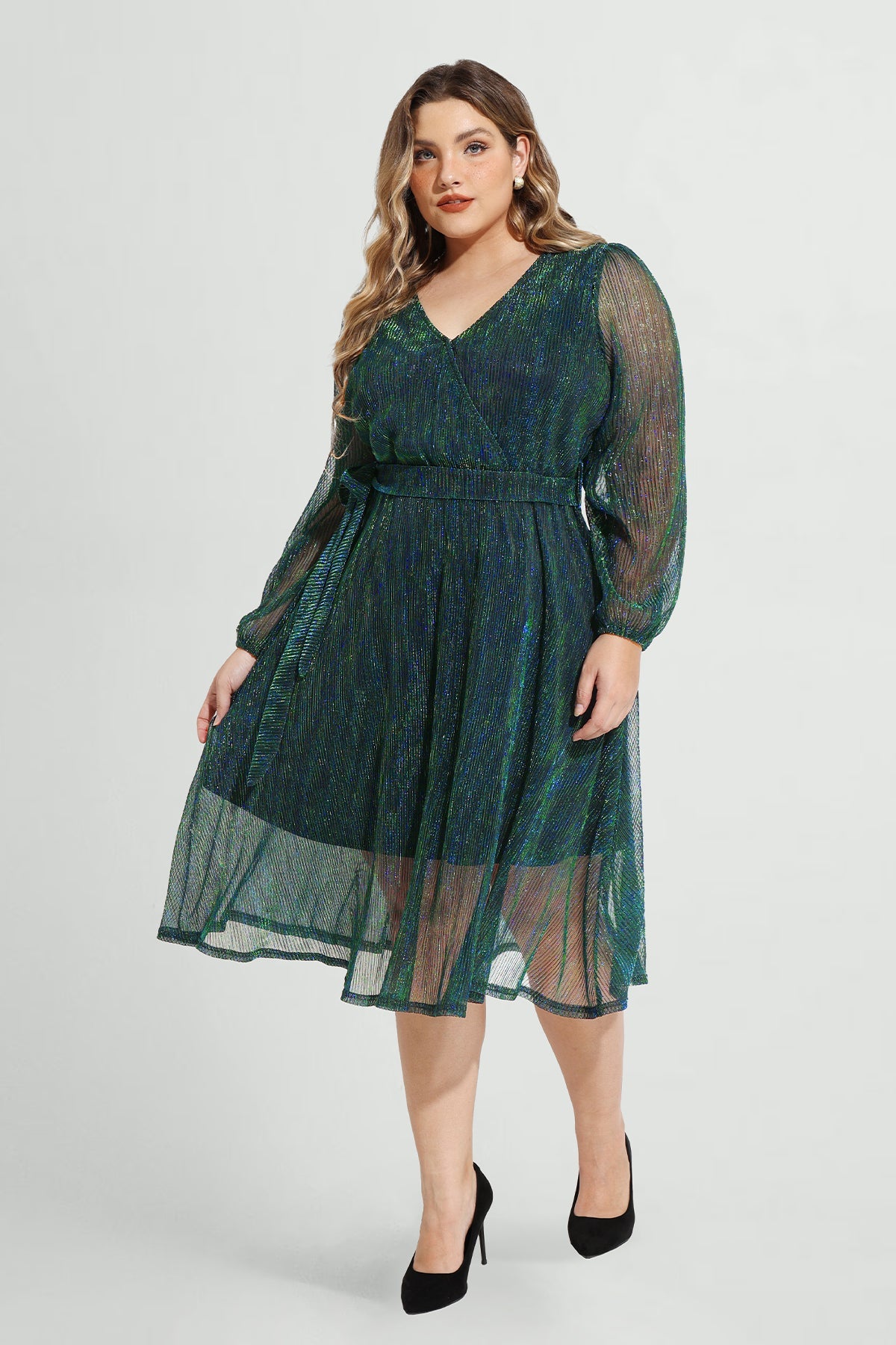 Sequin Mesh Surplice Neckline Midi Dress