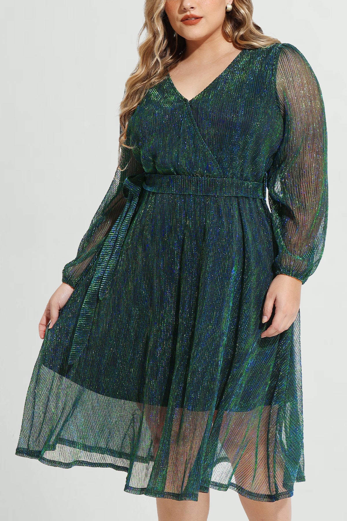 Sequin Mesh Surplice Neckline Midi Dress