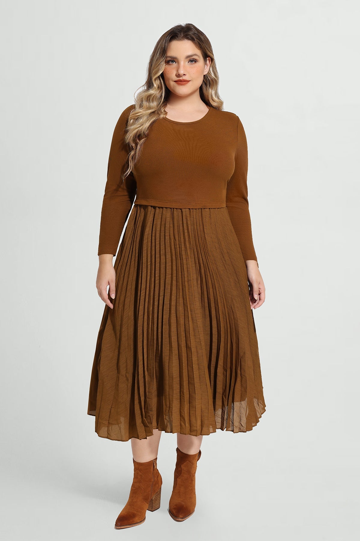 Ritera Solid Mesh Crew Neck Pleated Midi Dress