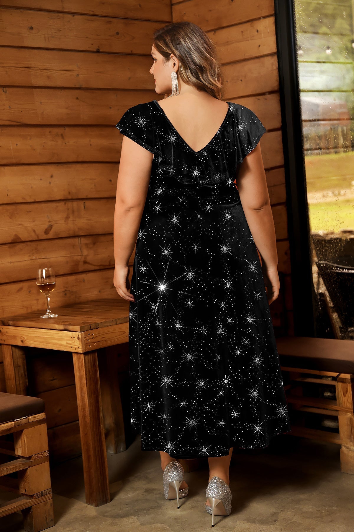 Ritera Sparkle Celestial Print V-Neck Velvet Midi Dress with Belt