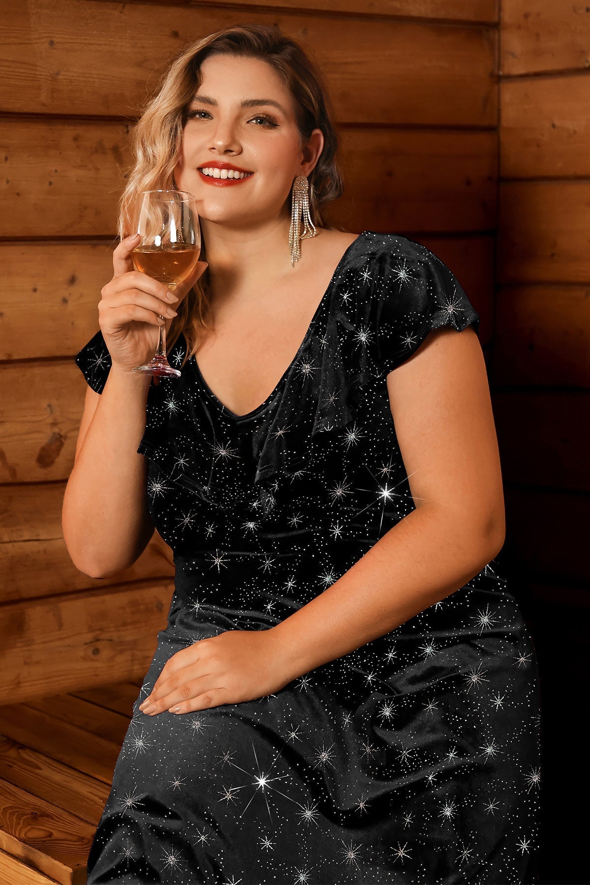 Ritera Sparkle Celestial Print V-Neck Velvet Midi Dress with Belt