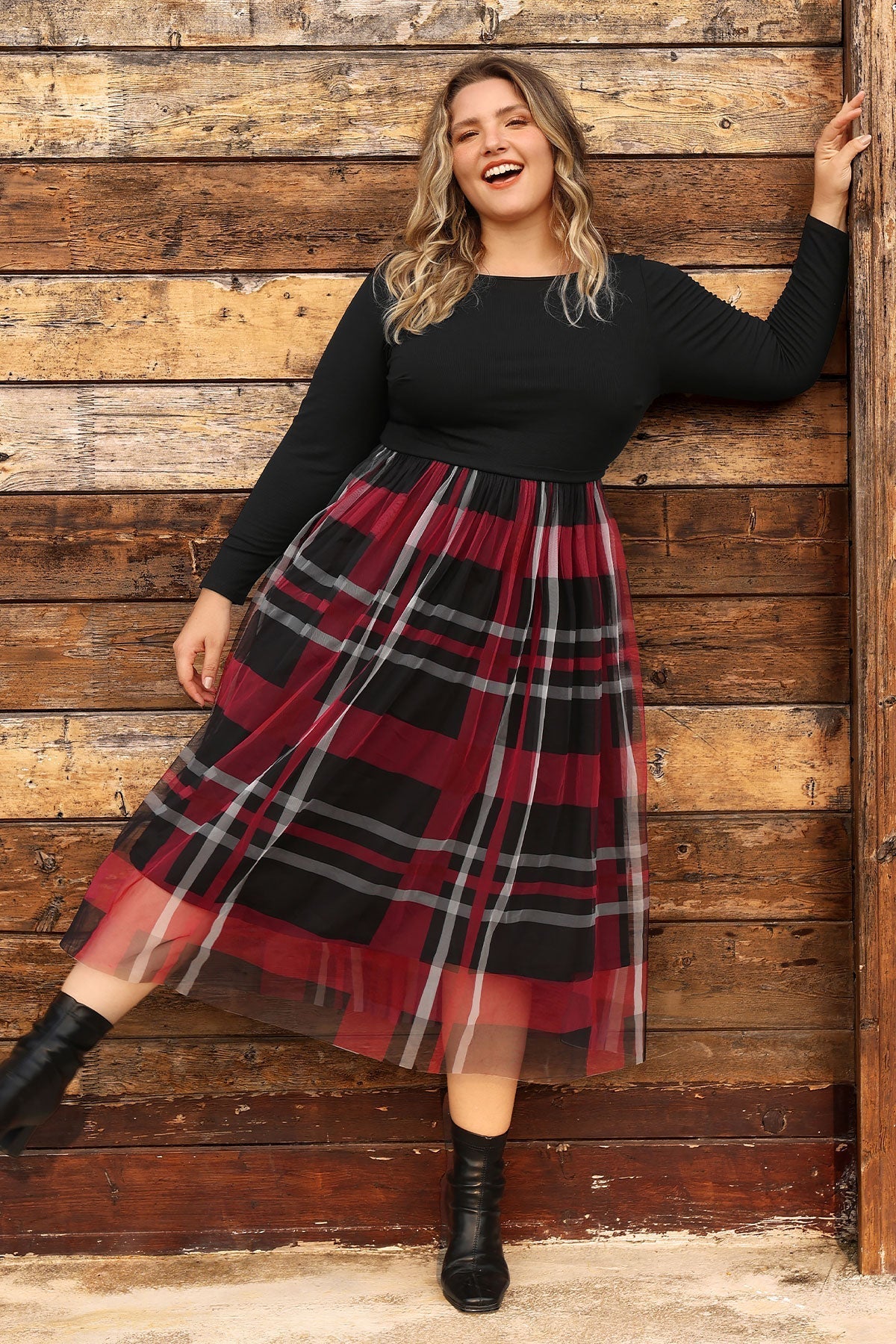 Ritera Colorblock Plaid Tulle Crew Neck Midi Dress
