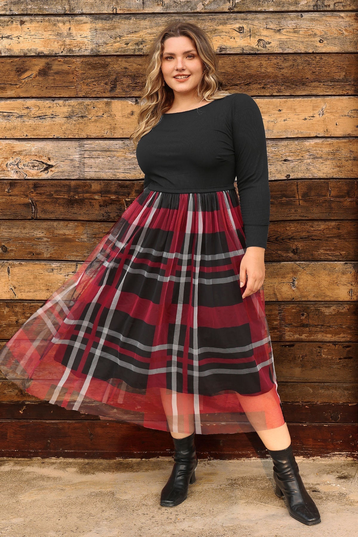 Ritera Colorblock Plaid Tulle Crew Neck Midi Dress