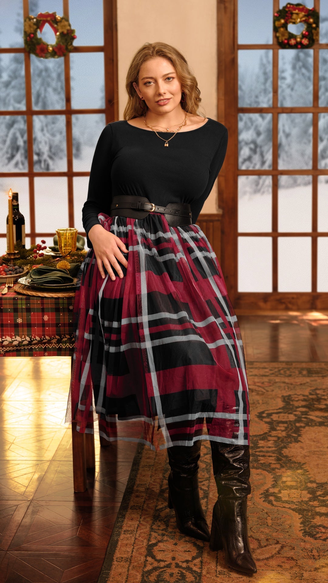 Ritera Colorblock Plaid Tulle Crew Neck Midi Dress