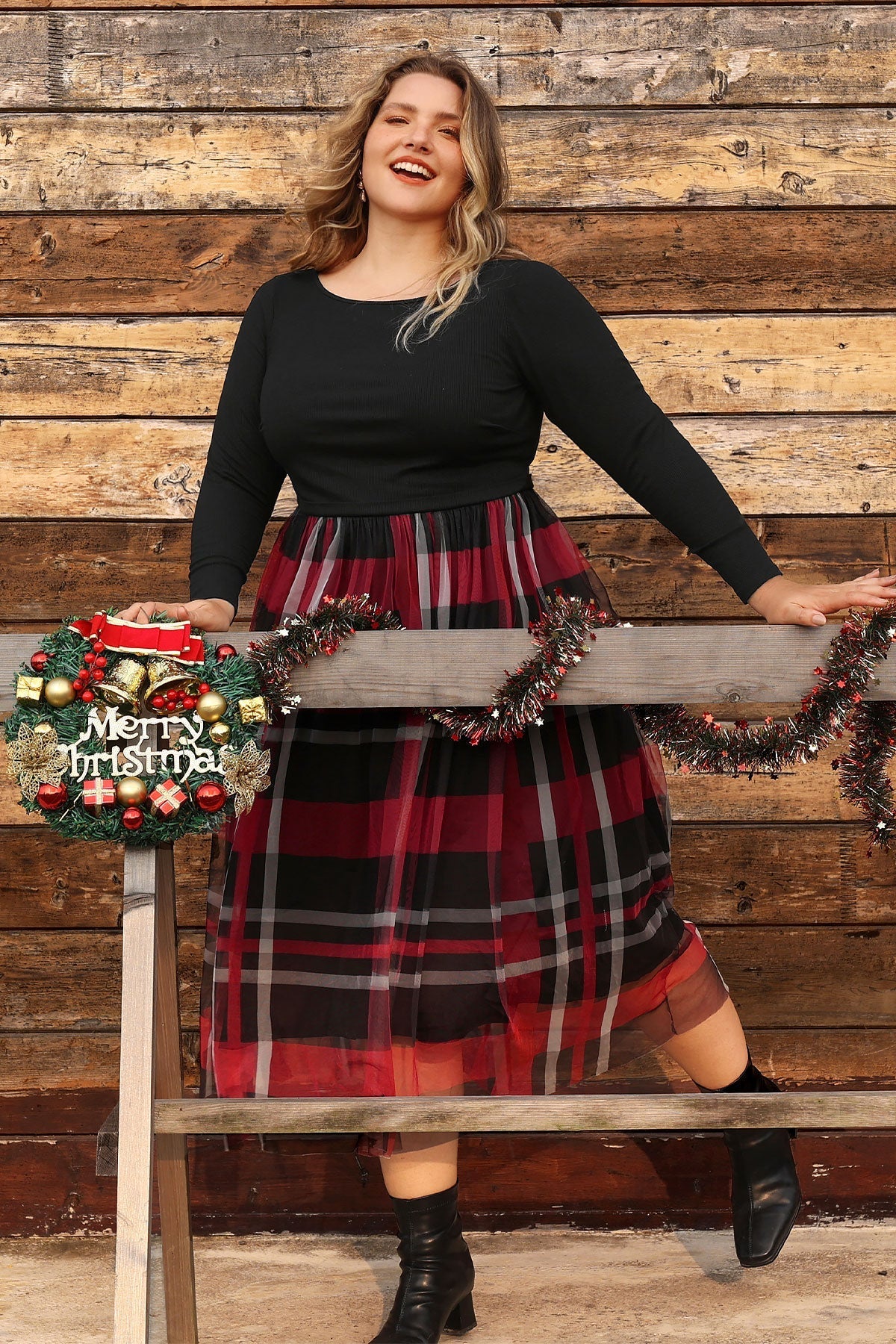 Ritera Colorblock Plaid Tulle Crew Neck Midi Dress