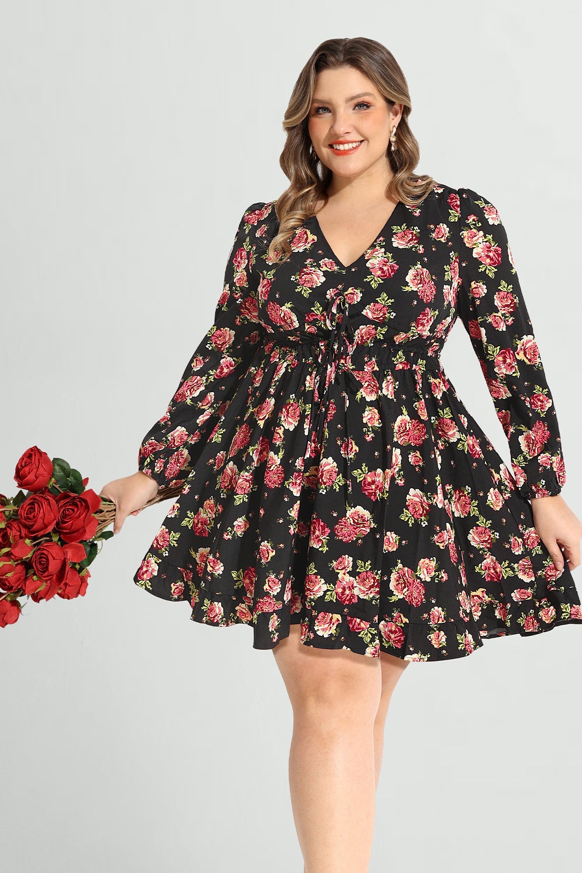 Rose Floral Print Lantern Sleeve V Neck Mini Dress