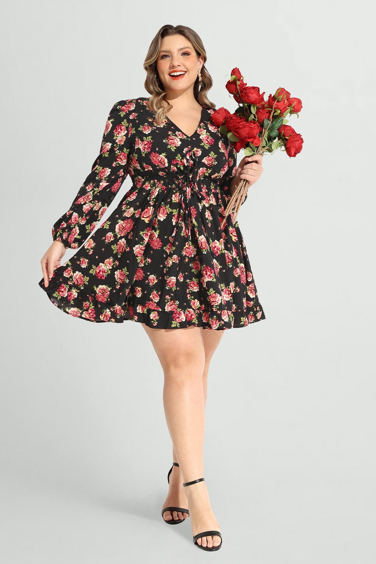 Ritera Rose Floral Print Lantern Sleeve V Neck Mini Dress