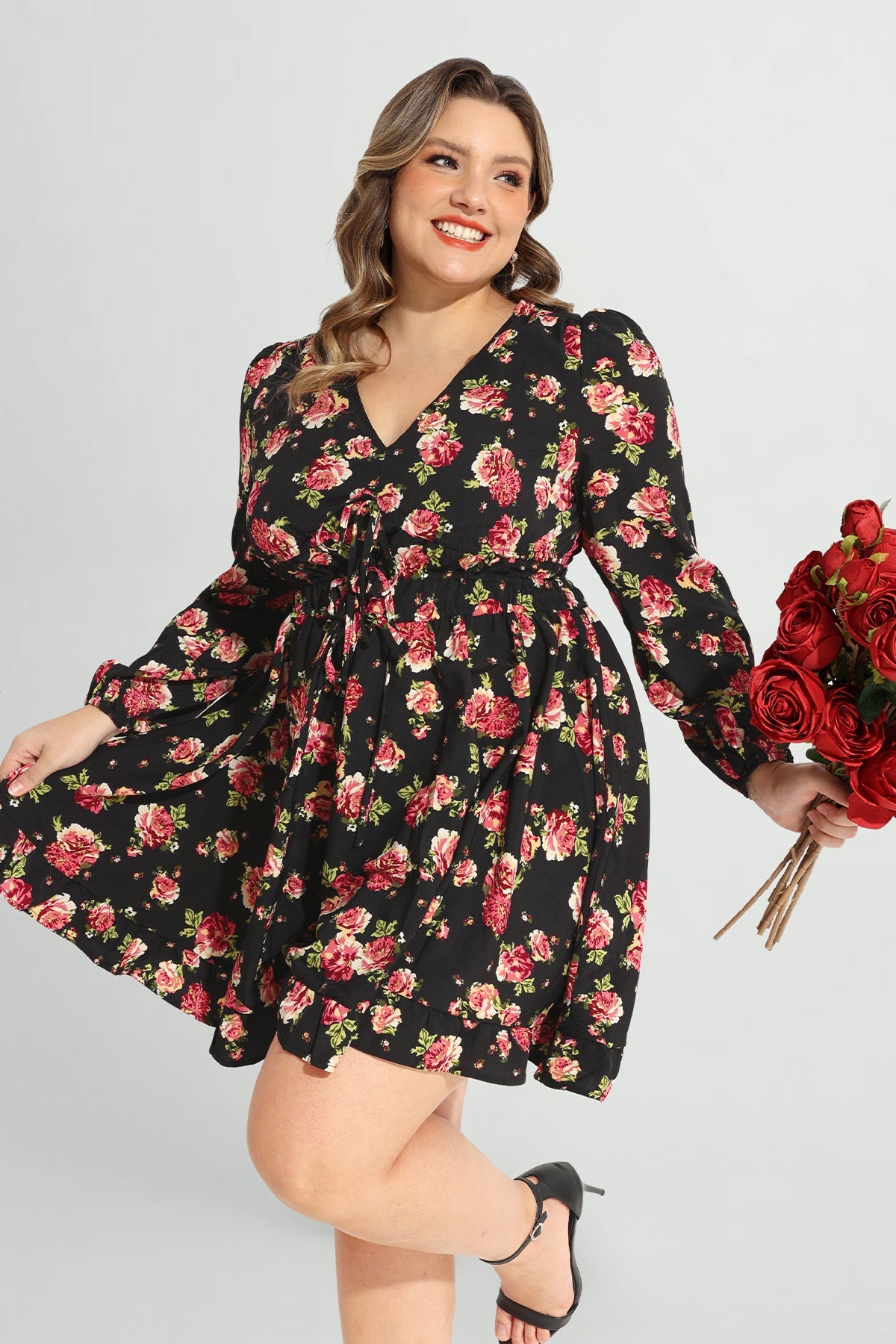 Rose Floral Print Lantern Sleeve V Neck Mini Dress