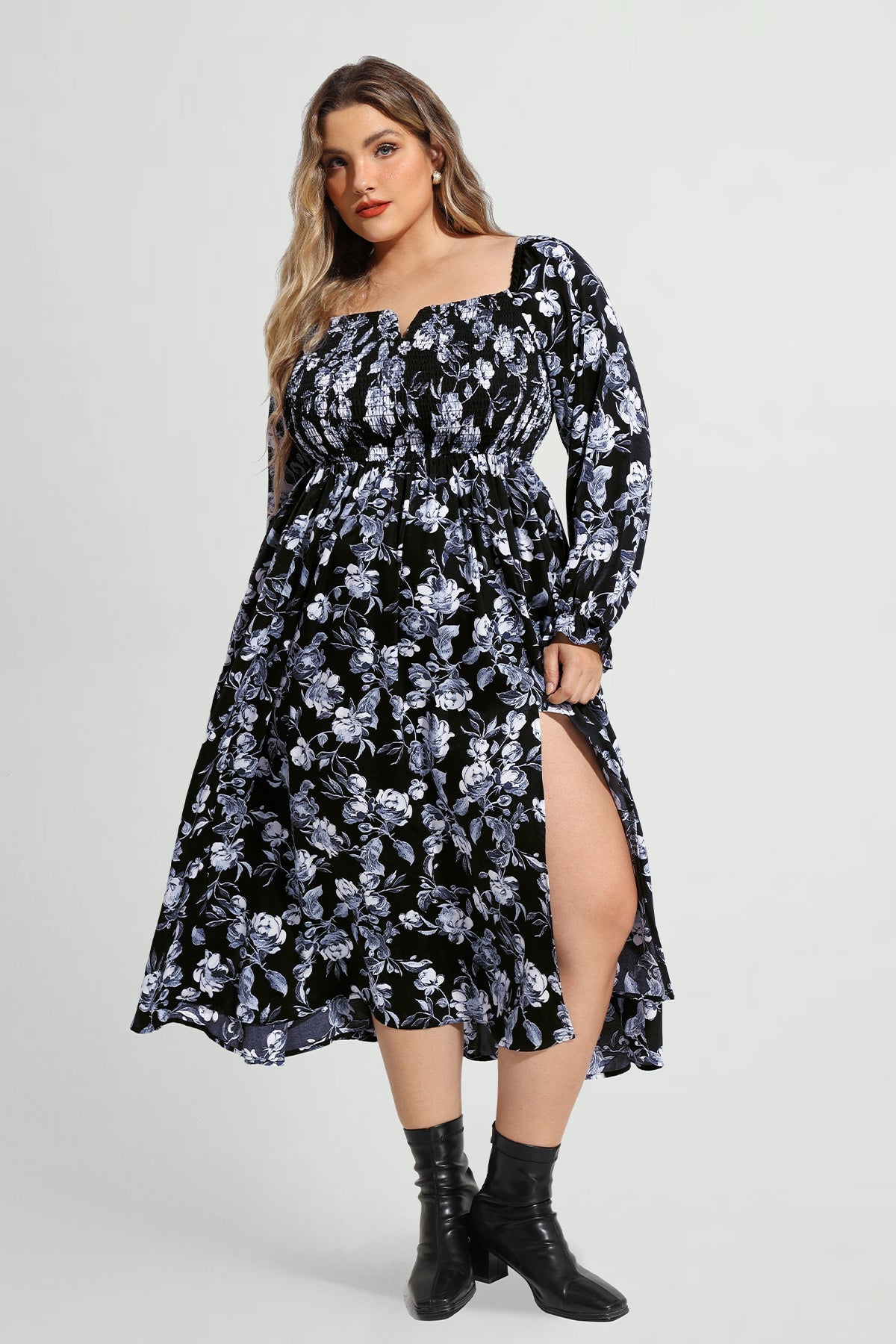 Pocket Floral Print Off-Shoulder Slit Midi Dress