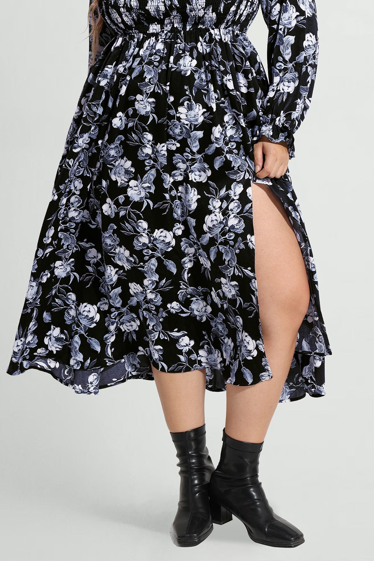 Pocket Floral Print Off-Shoulder Slit Midi Dress