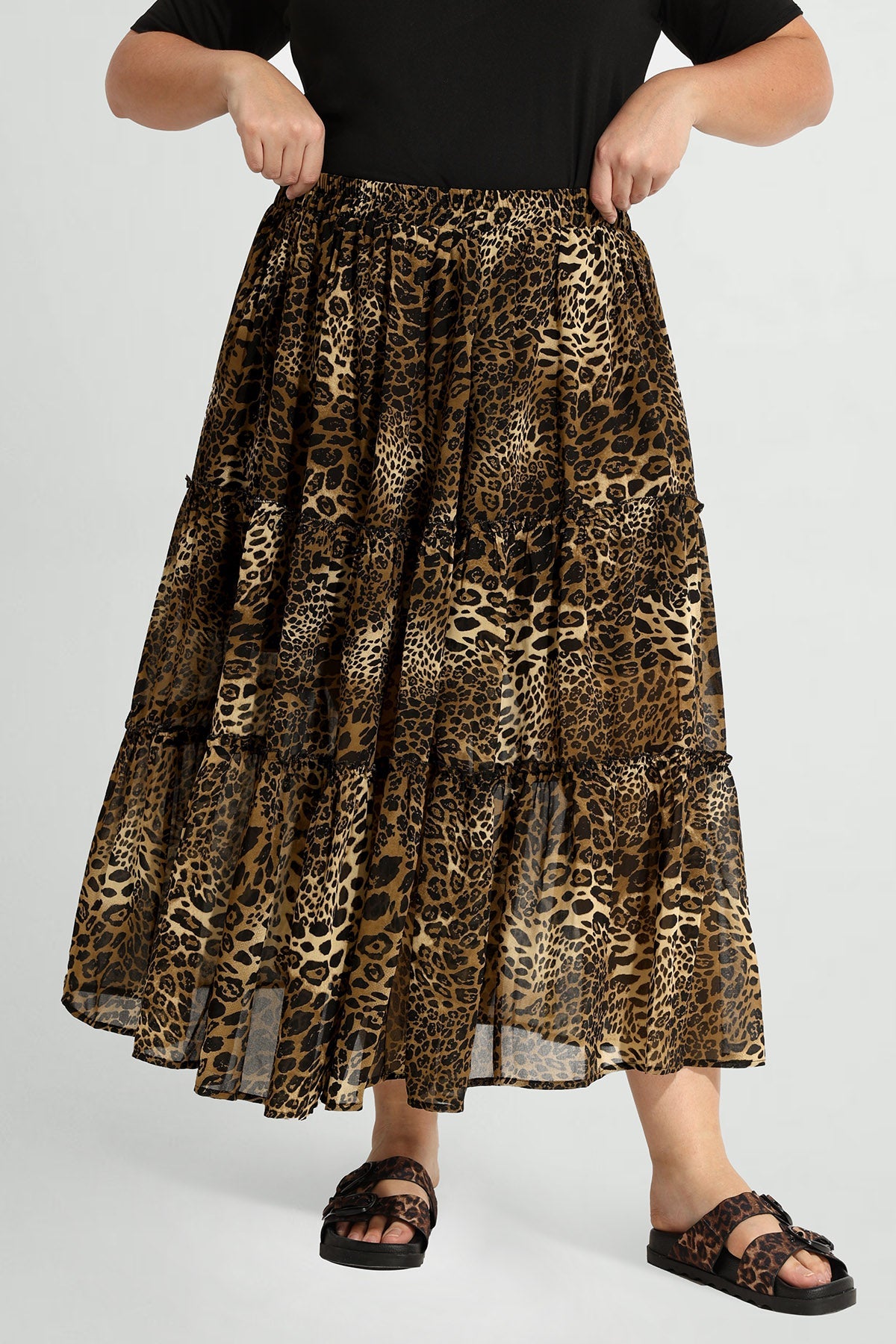 Pocket Leopard Mesh Flowy Shirred Maxi Skirt