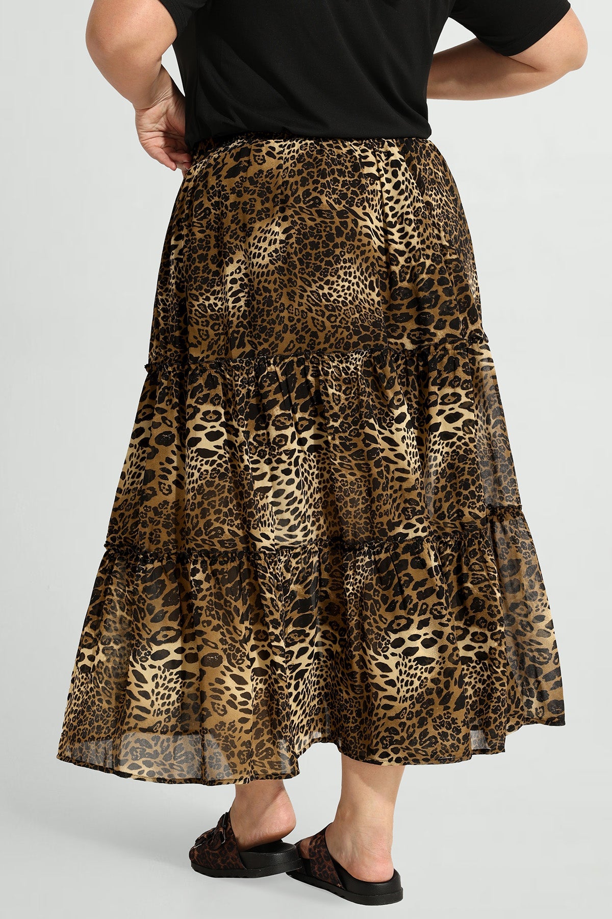 Pocket Leopard Mesh Flowy Shirred Maxi Skirt