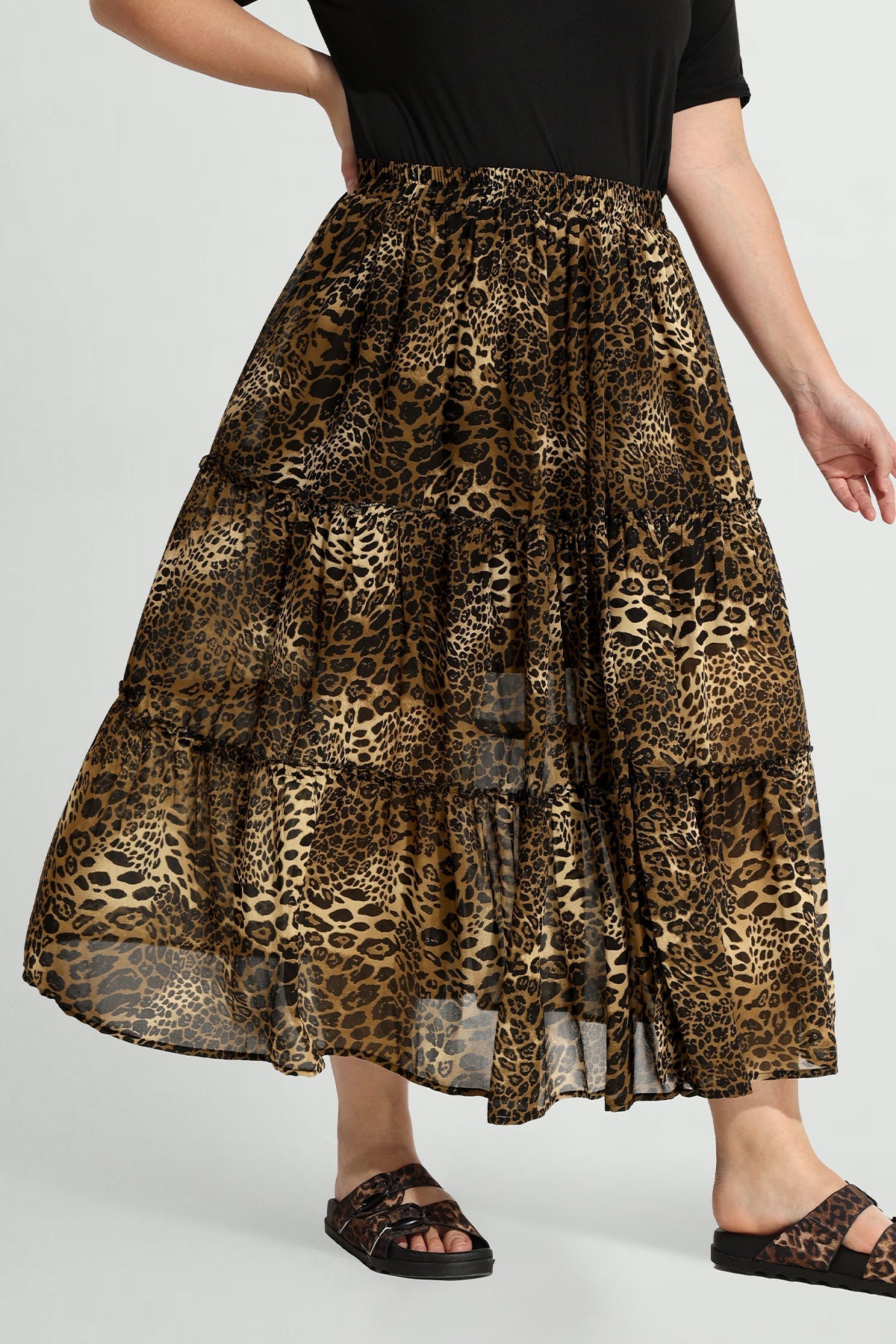 Pocket Leopard Mesh Flowy Shirred Maxi Skirt