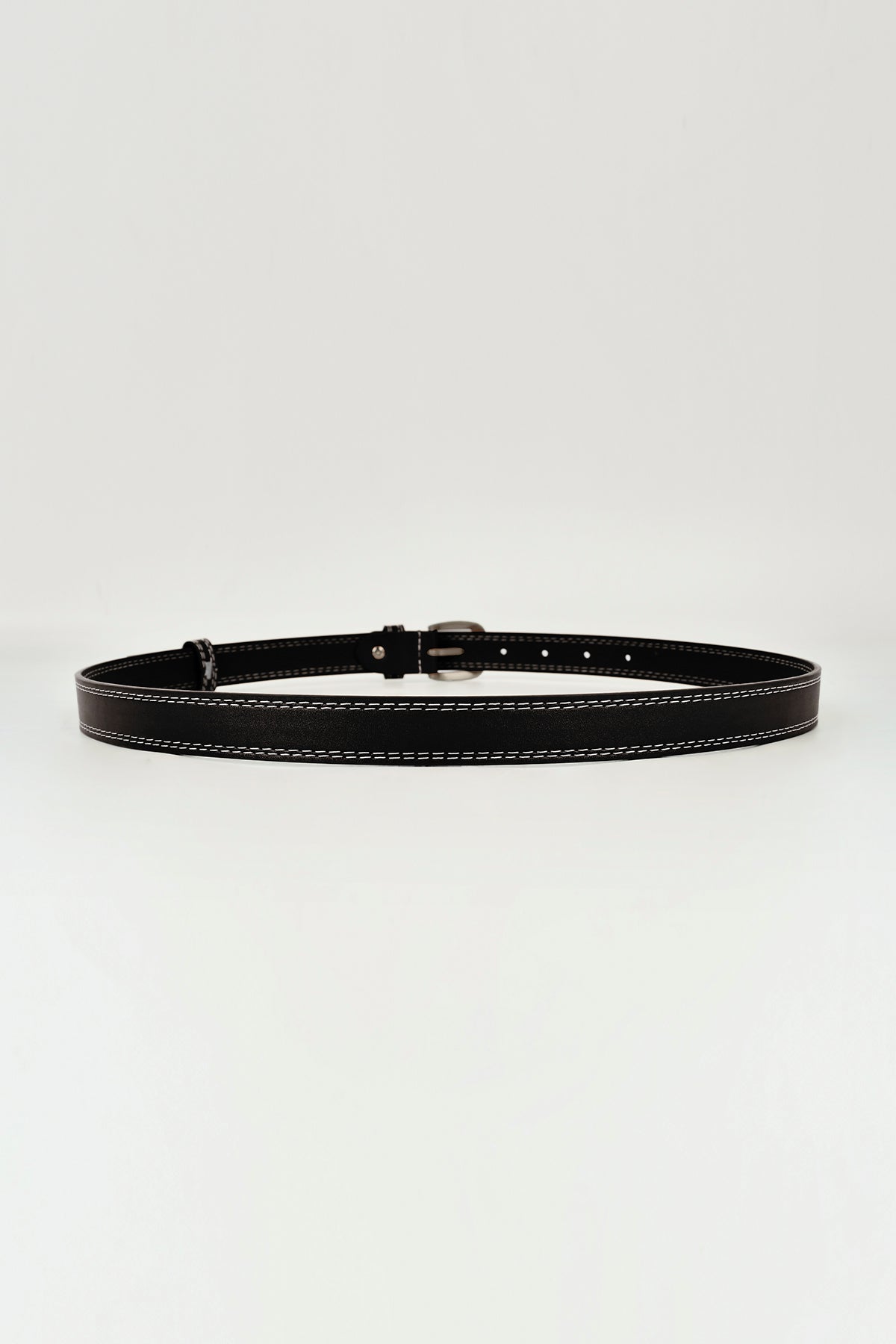 Contrast Stitch Silver Tone Buckle Leather Belt
