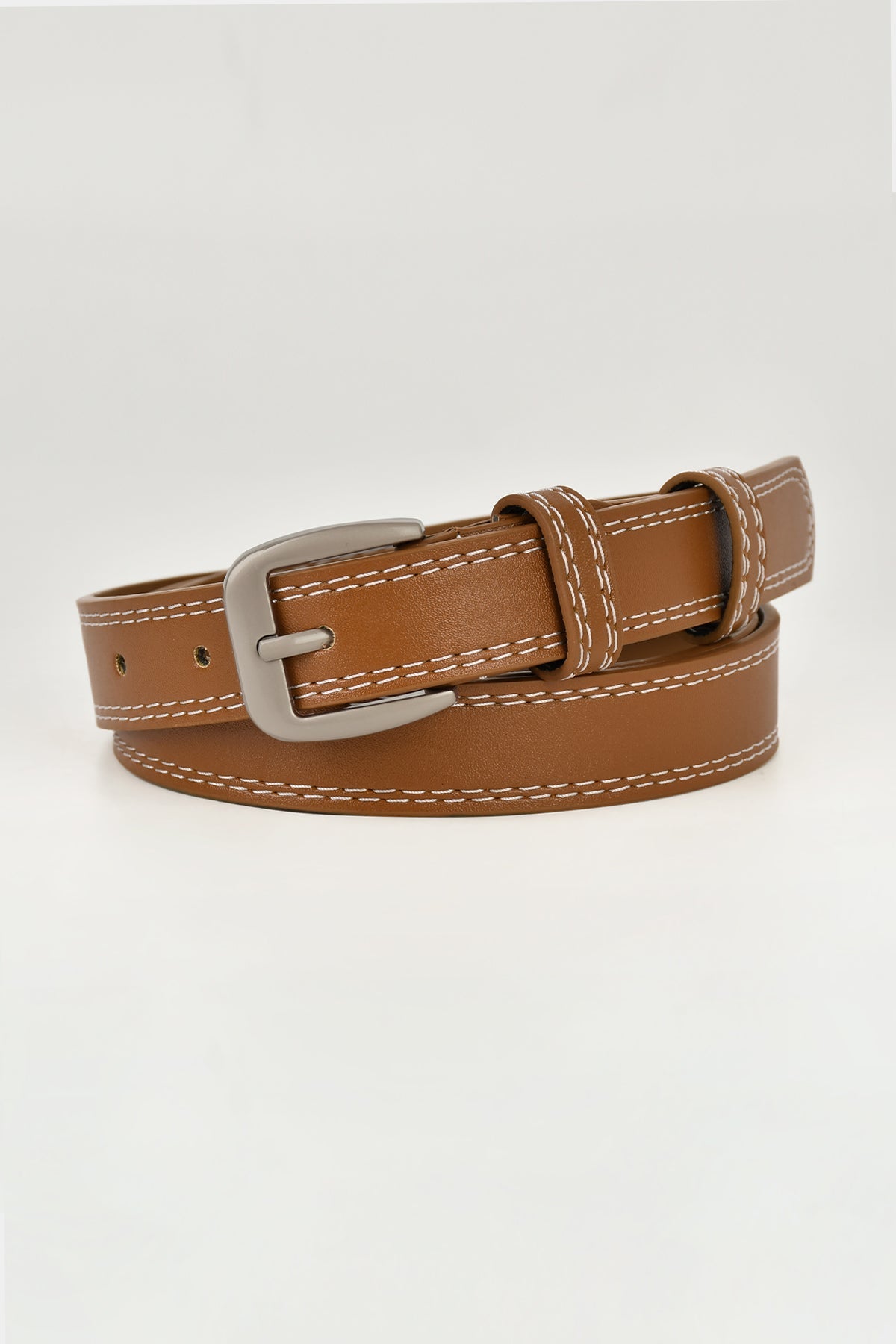 Contrast Stitch Silver Tone Buckle Leather Belt