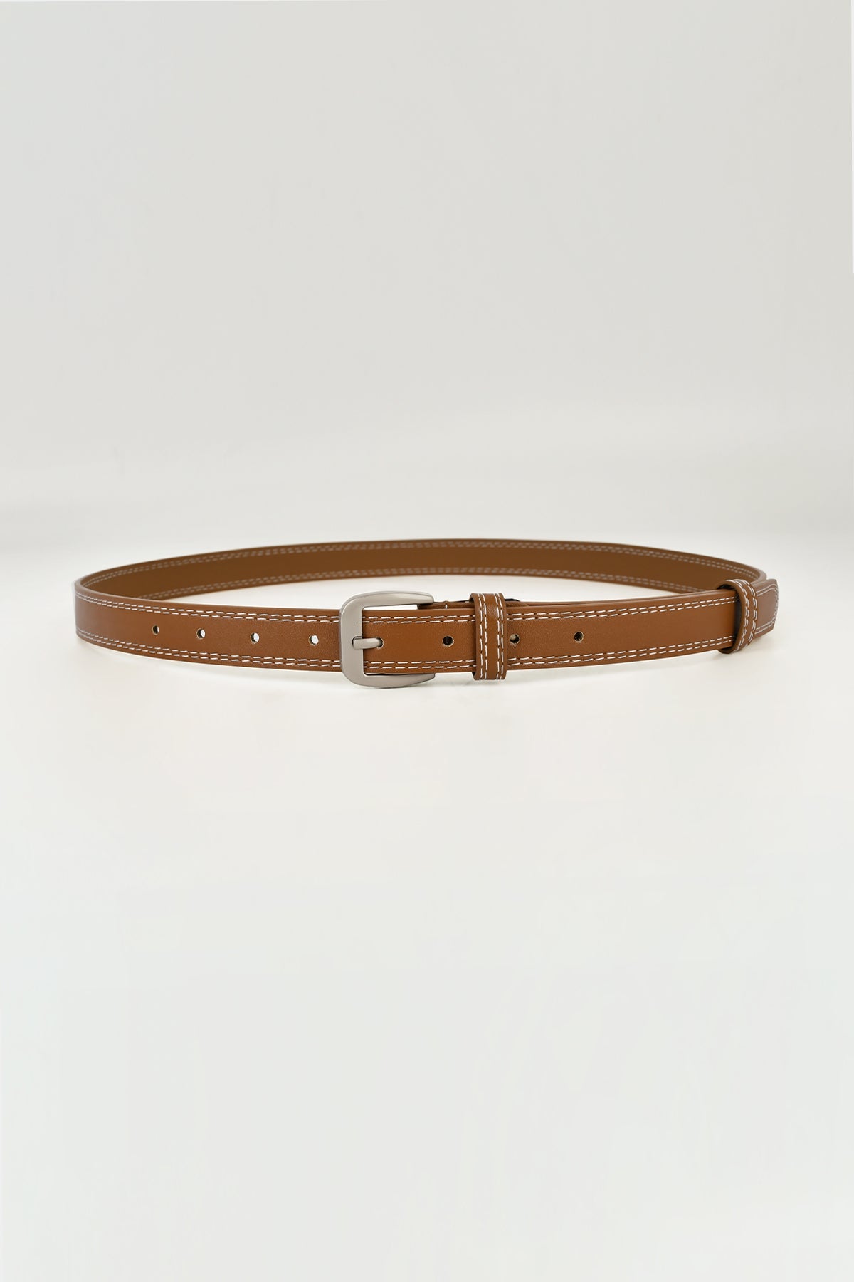 Contrast Stitch Silver Tone Buckle Leather Belt