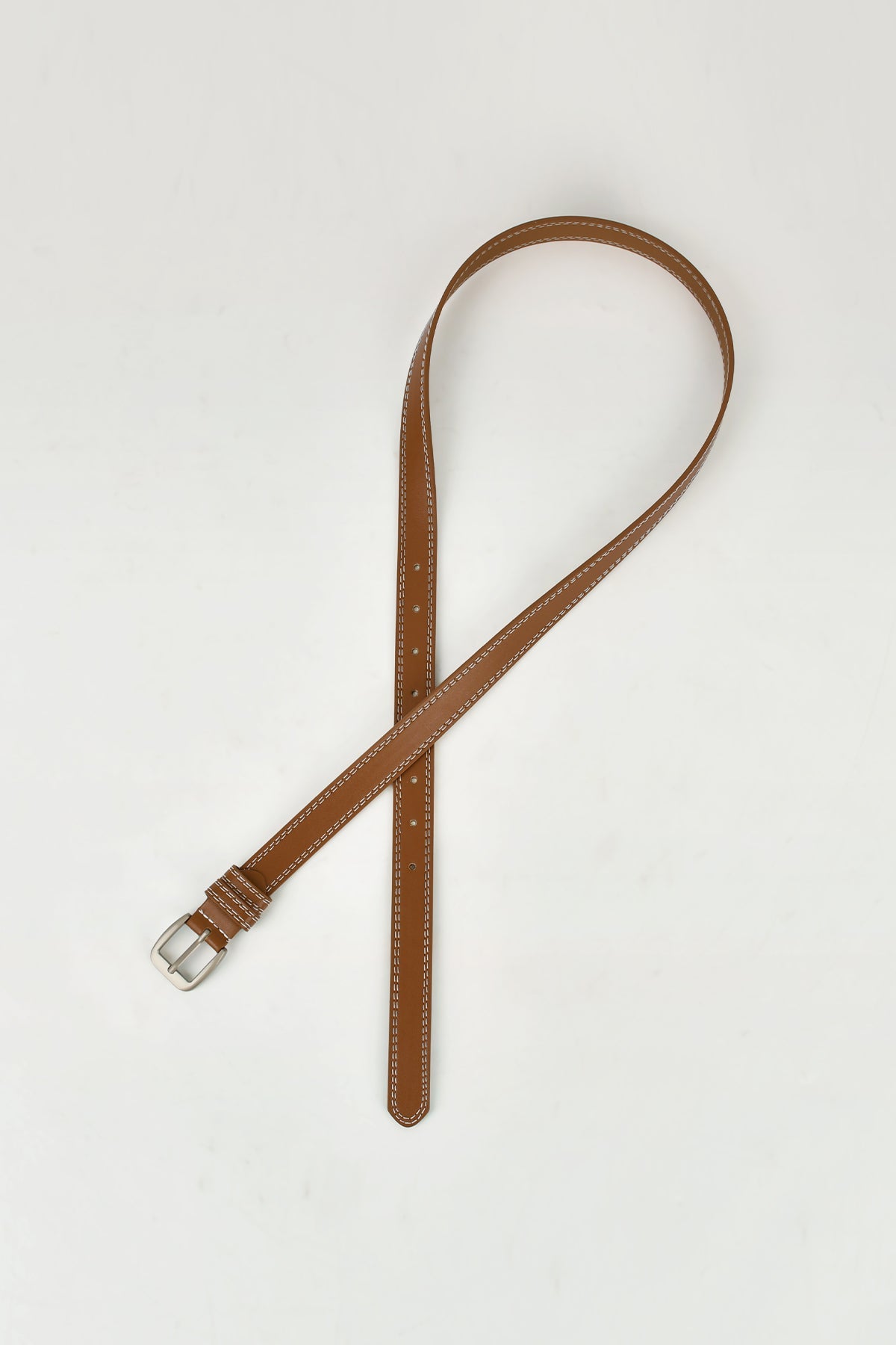 Contrast Stitch Silver Tone Buckle Leather Belt