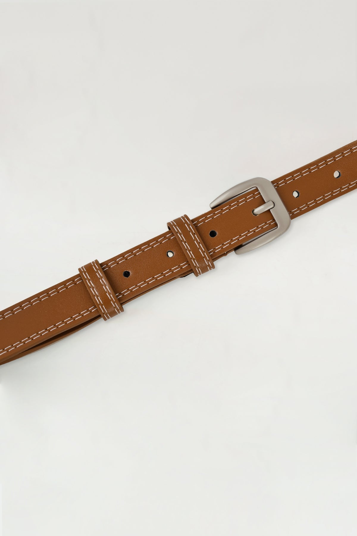 Contrast Stitch Silver Tone Buckle Leather Belt